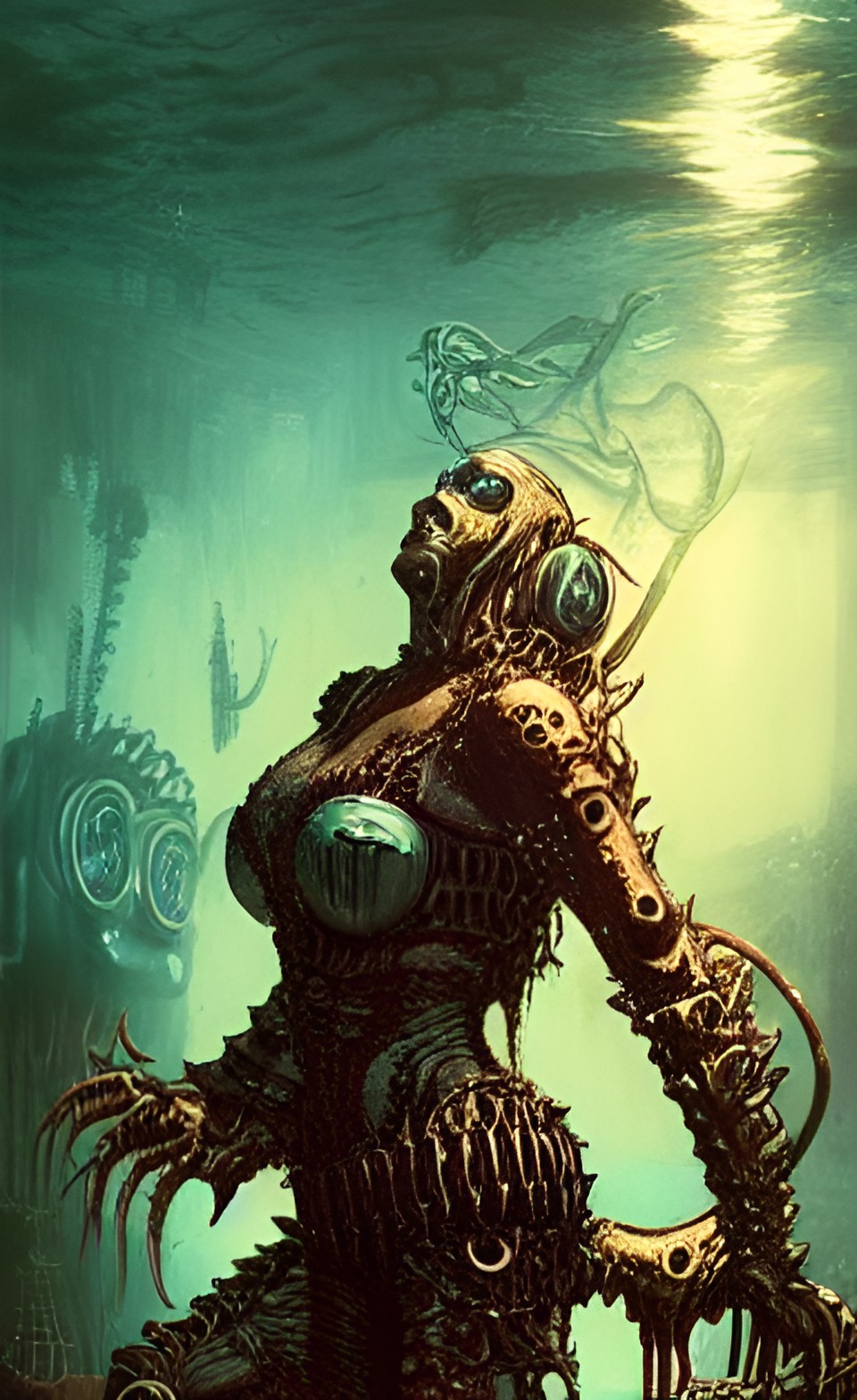 low light movie still of an aquatic babe demon-king cyborg, exposed intestinal, metallic, chrome, gears of war, sharp preview