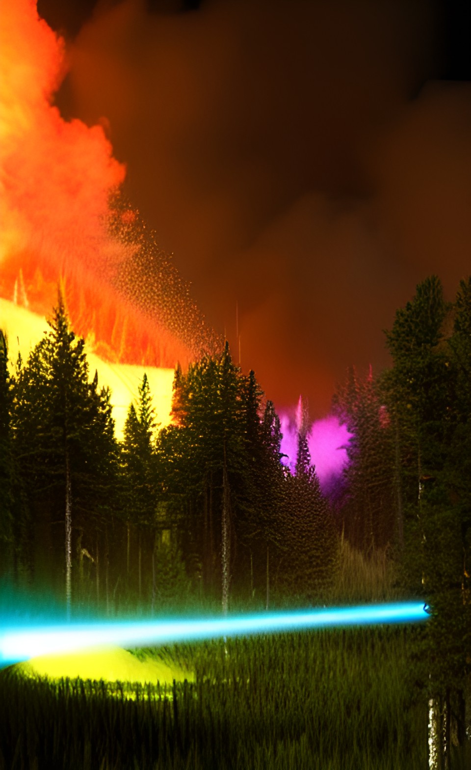 the razor-wind forest with magical lasers burning it preview