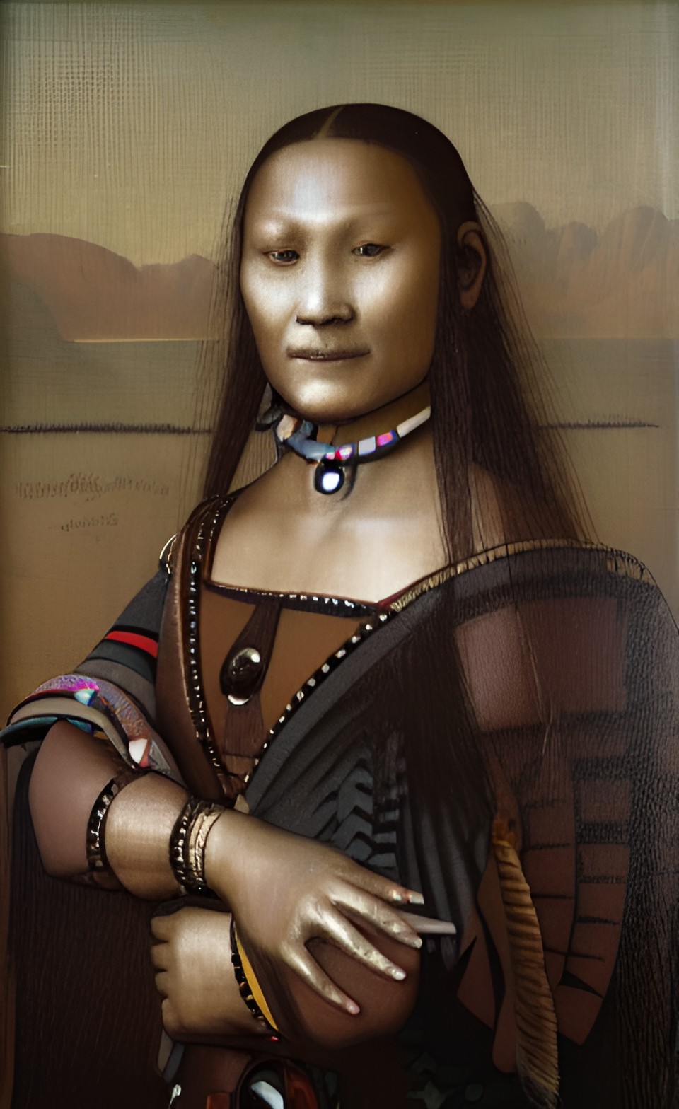 portrait of a smiling indigenous kaiowa woman, by leonardo da vinci | detailed hands and sparkling eyes preview