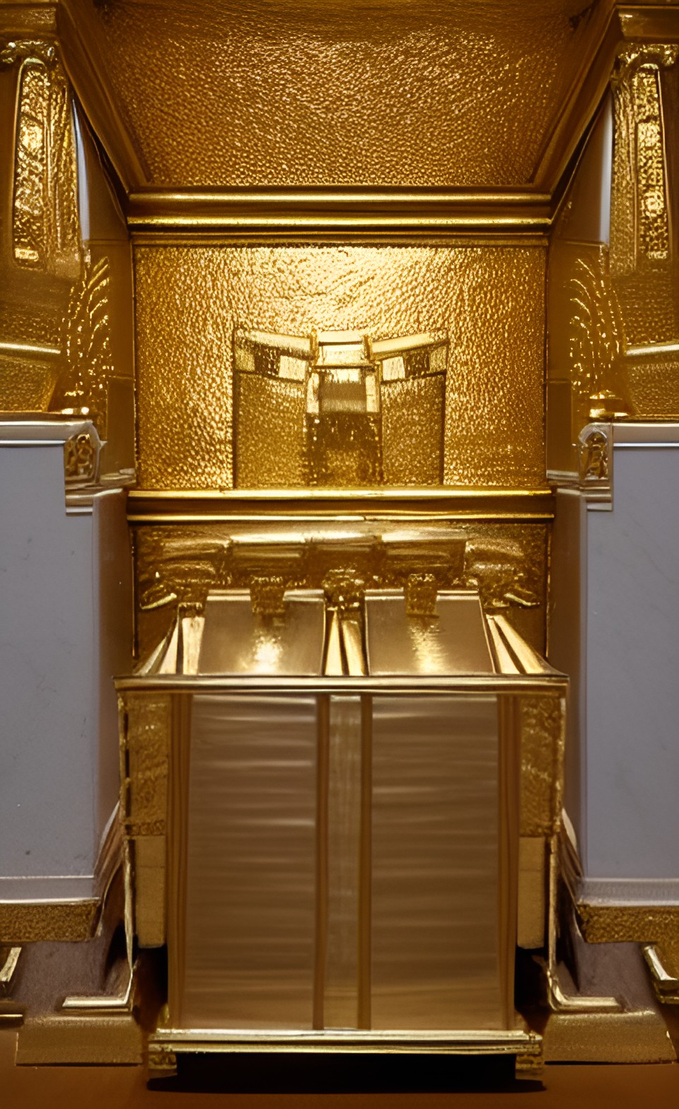 the ark of the covenent, box covered in gold, two golden angels standing on top of the ark of the covenant preview