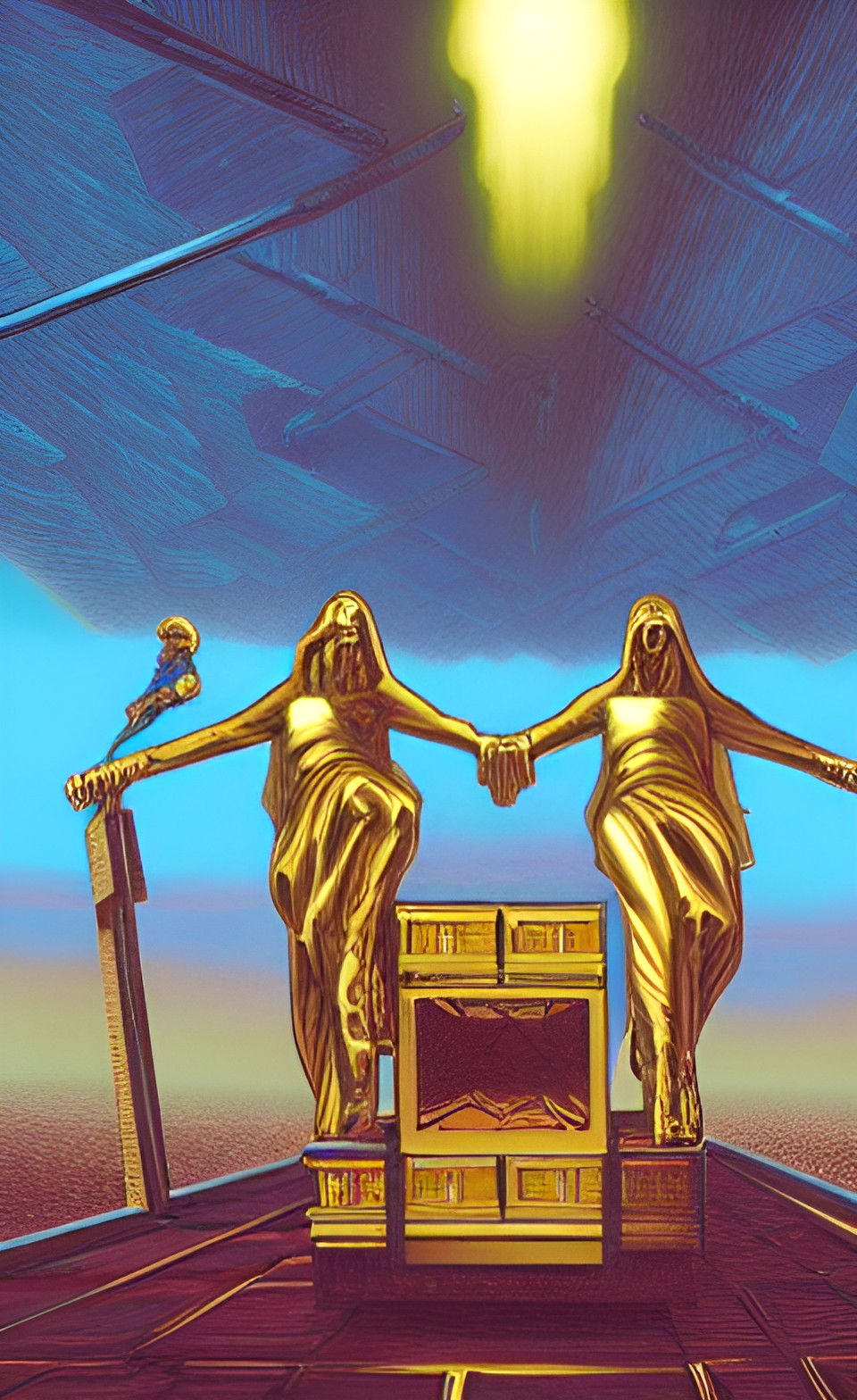 the golden ark of the covenent, two golden angels standing on top of the ark of the covenant, two poles to carry it preview