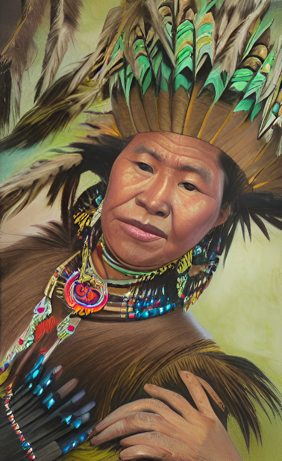 studio portrait of a indigenous kaiowa woman | detailed hands and sparkling eyes preview