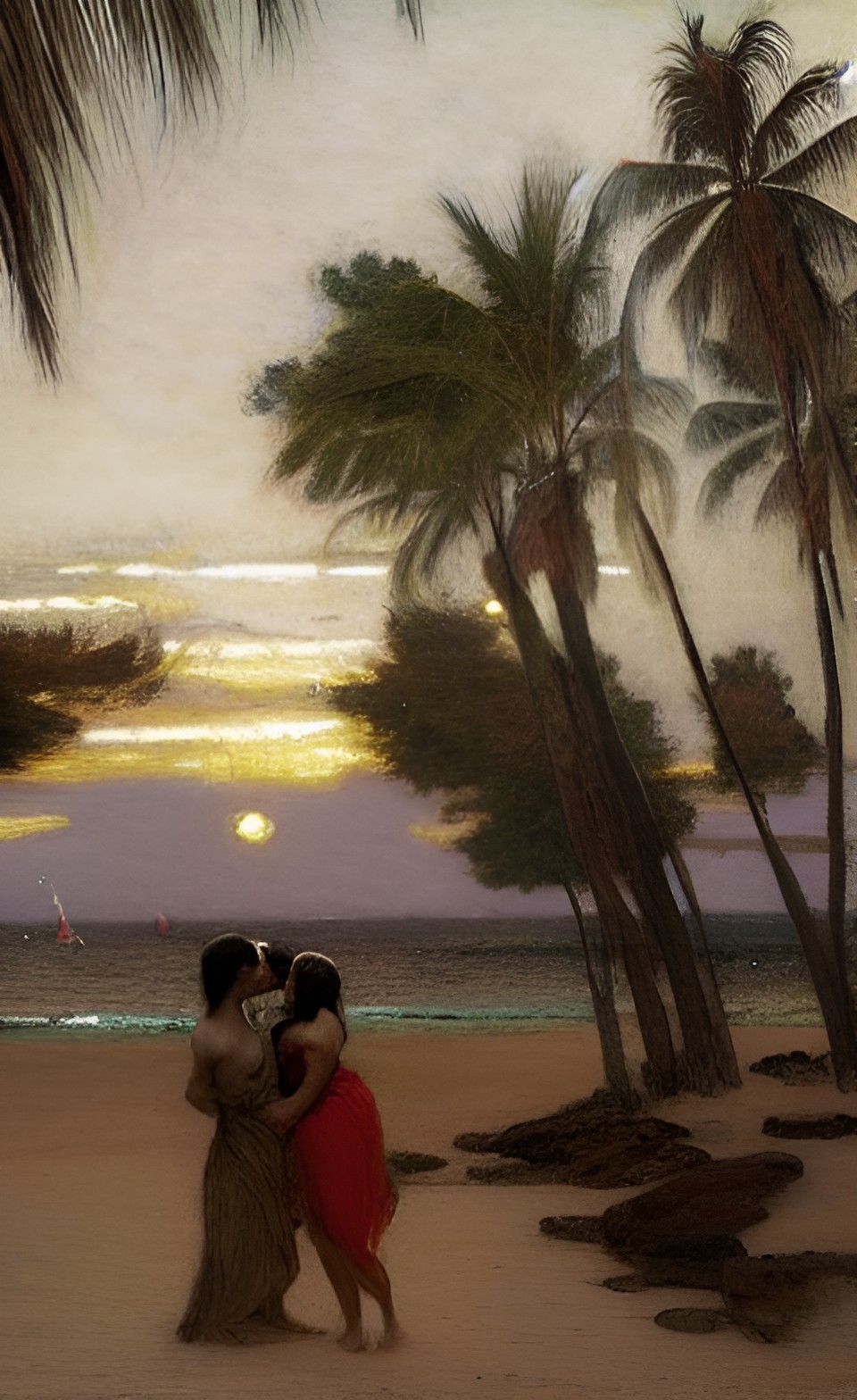 couple kissing in a paradisiac beach at sunset,3d, john william waterhouse preview