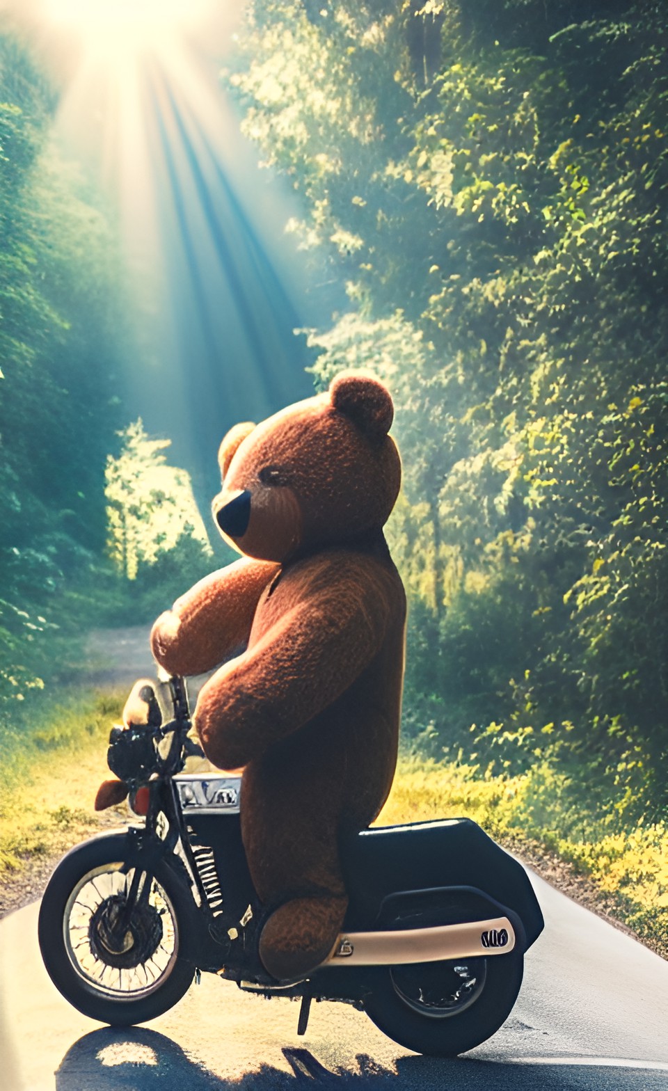 Cruisin’ - giant teddy bear on motorcycle in the middle of a jungle, light rays preview