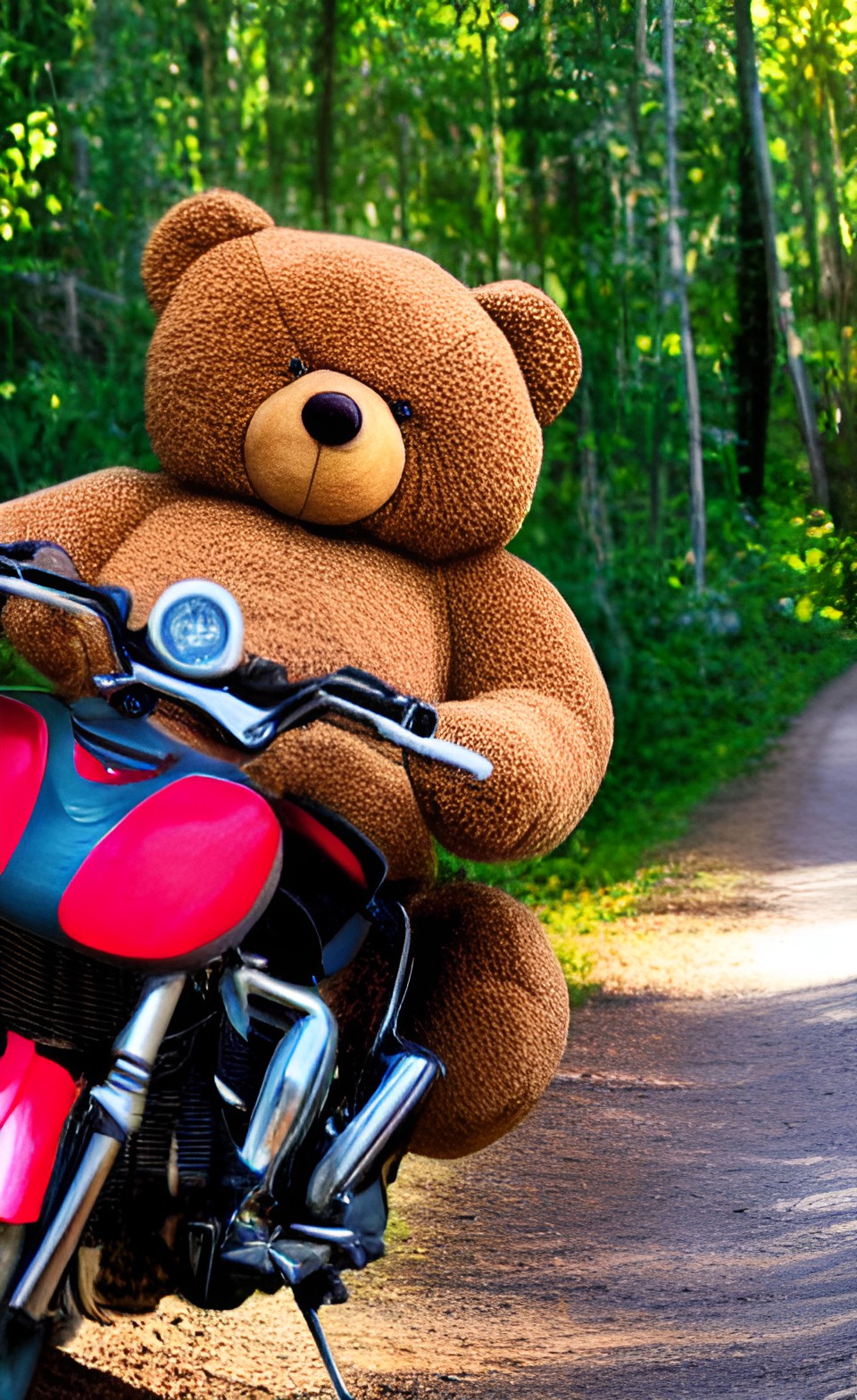 Kick Stand is down? - giant teddy bear on motorcycle on trail in jungle, light rays preview