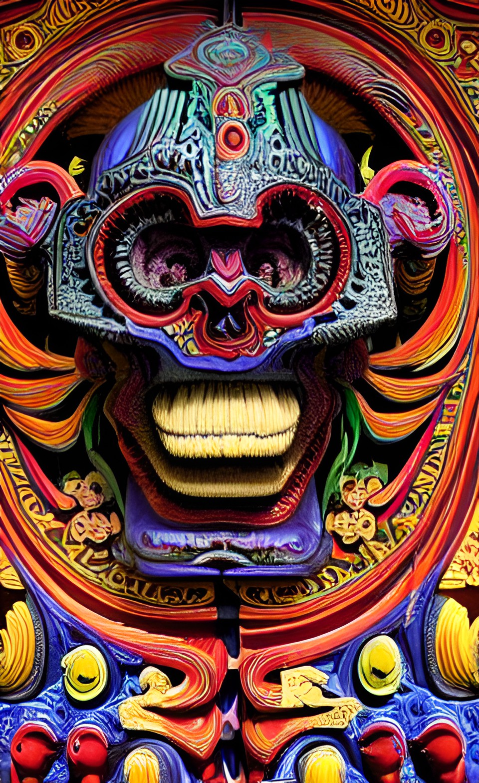 bright colorful indonesian style intricate woodwork of an exploding head giger preview