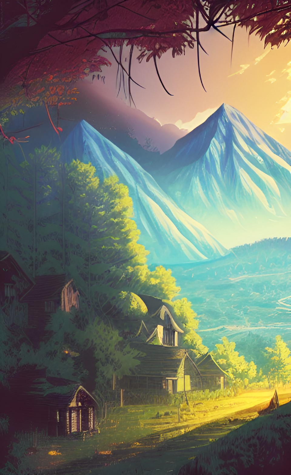 ,anime style background,village,forest and mountain background, preview