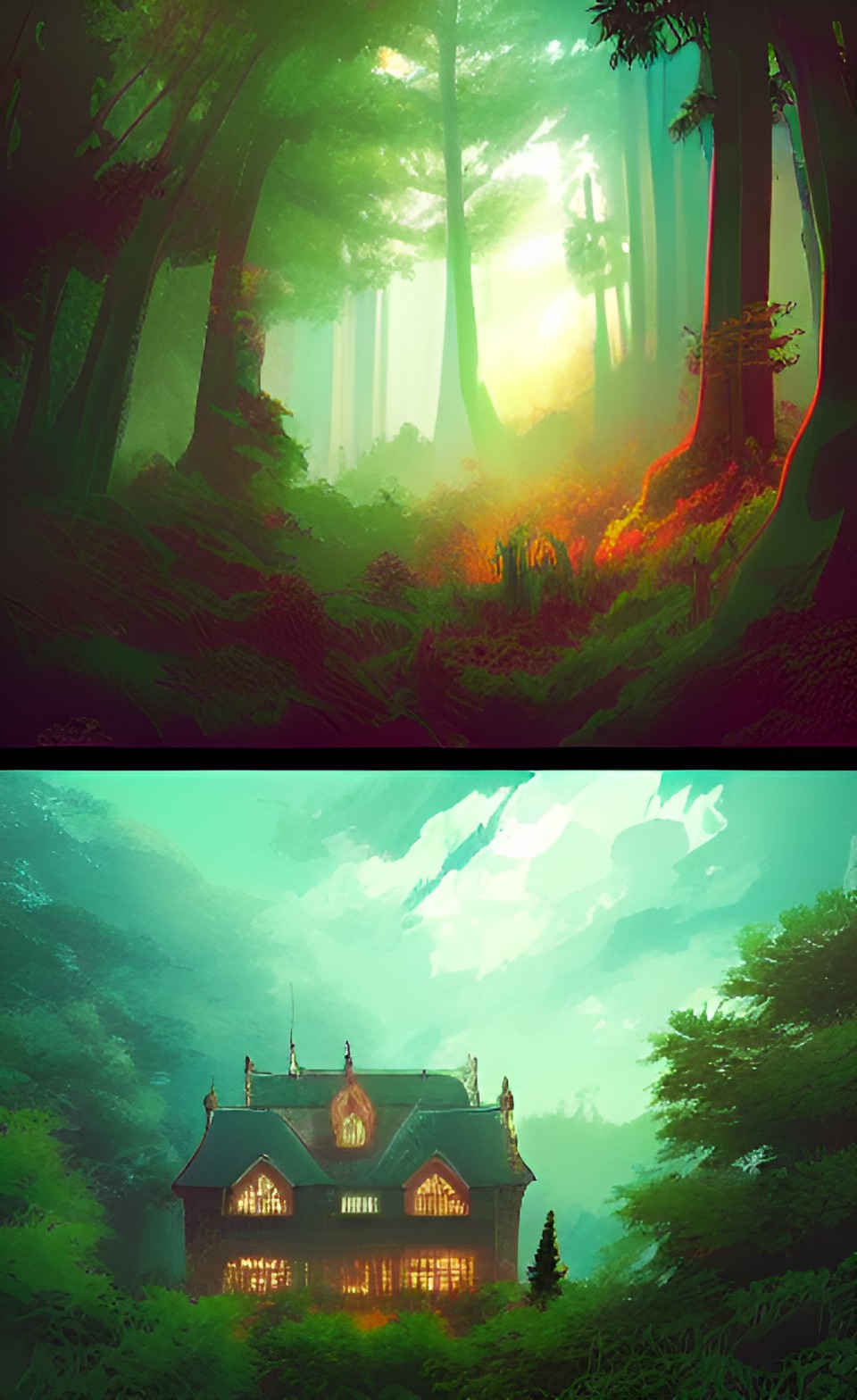 ,anime style background, mansion in a ￼dense forest,mountain, green, ambient￼ lighting, preview