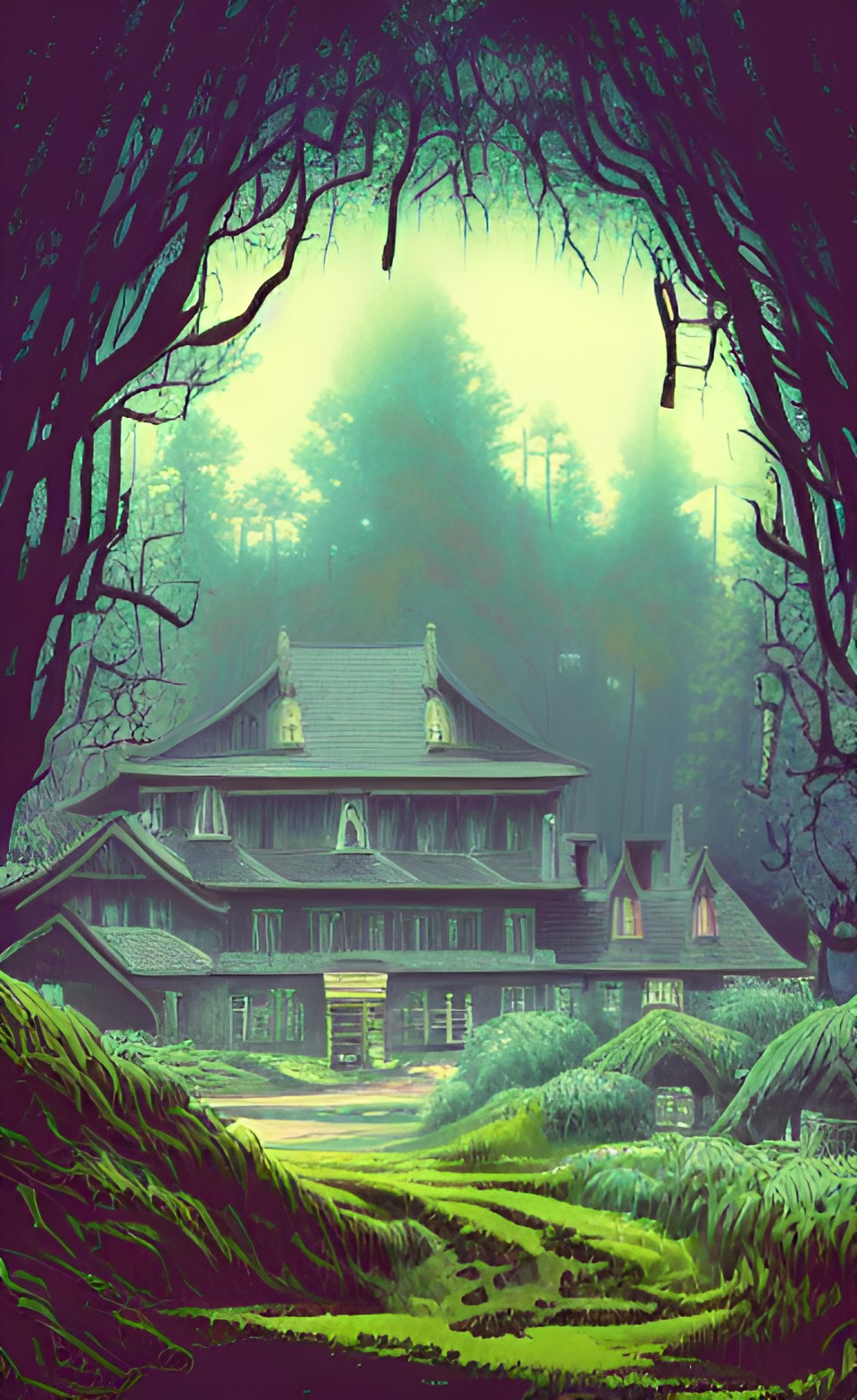 ,anime style background,a mansion in a dense forest,mountain,with ambient lighting, preview