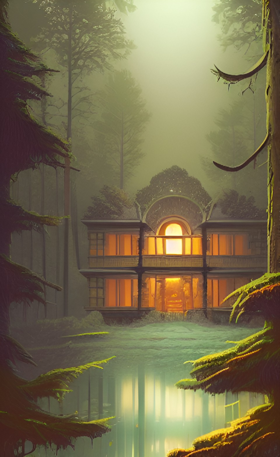 ,gibli style background,a mansion in a dense forest,mountain,with ambient lighting, preview