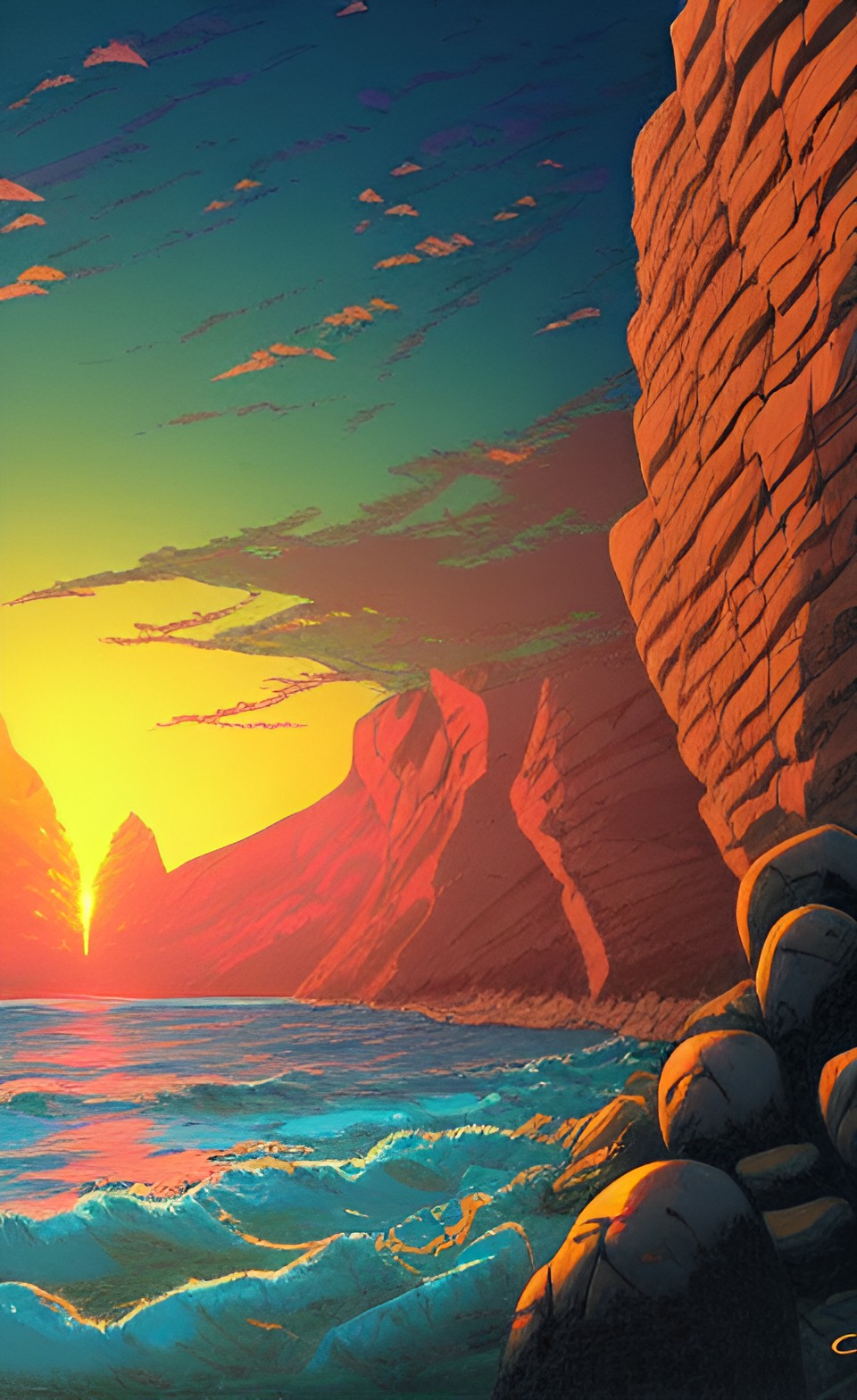 beach cliff side,anime style landscape,sunset, preview