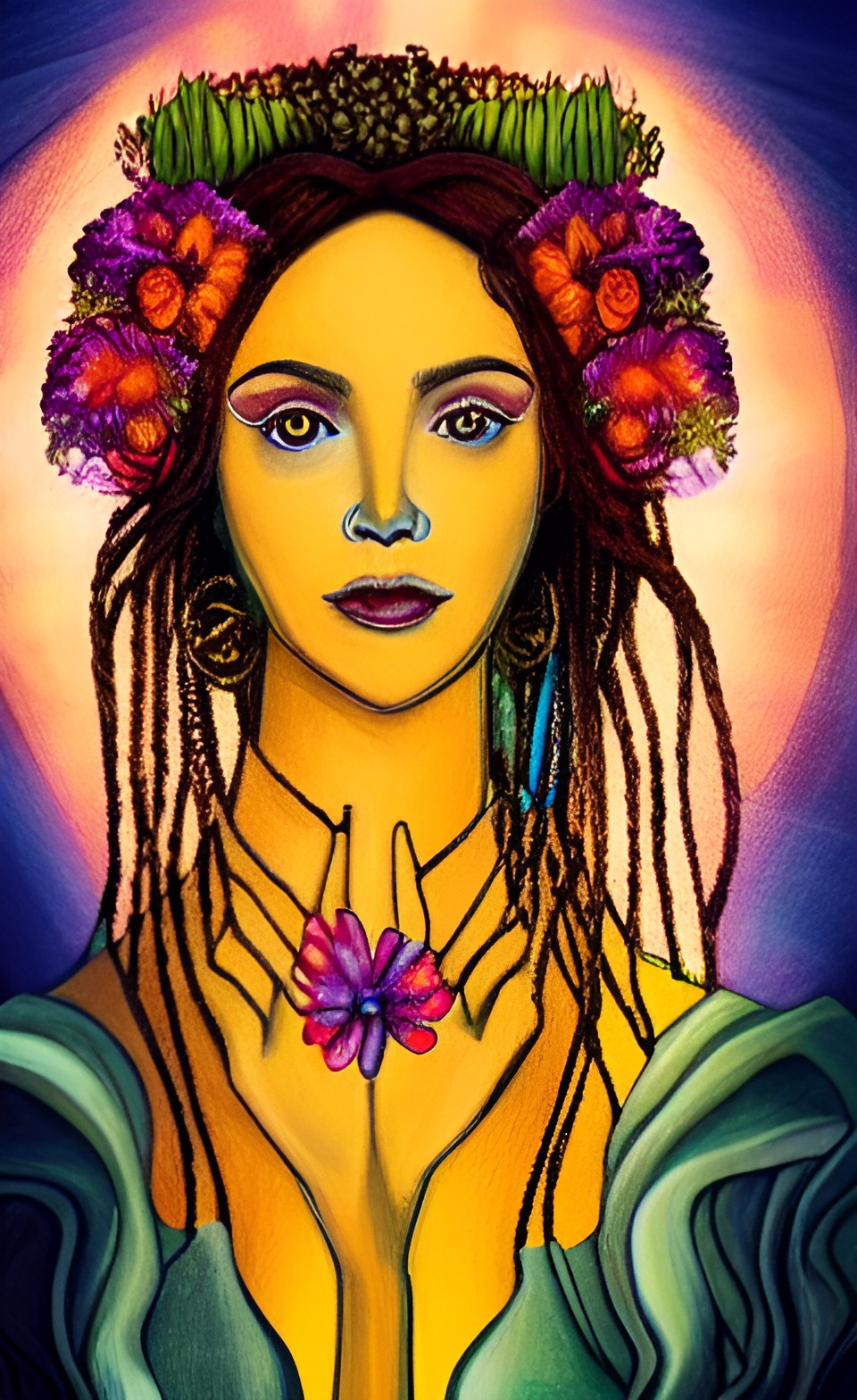 persephone, portrait, colorful, divine, powerful, flora and fauna, golden hour preview