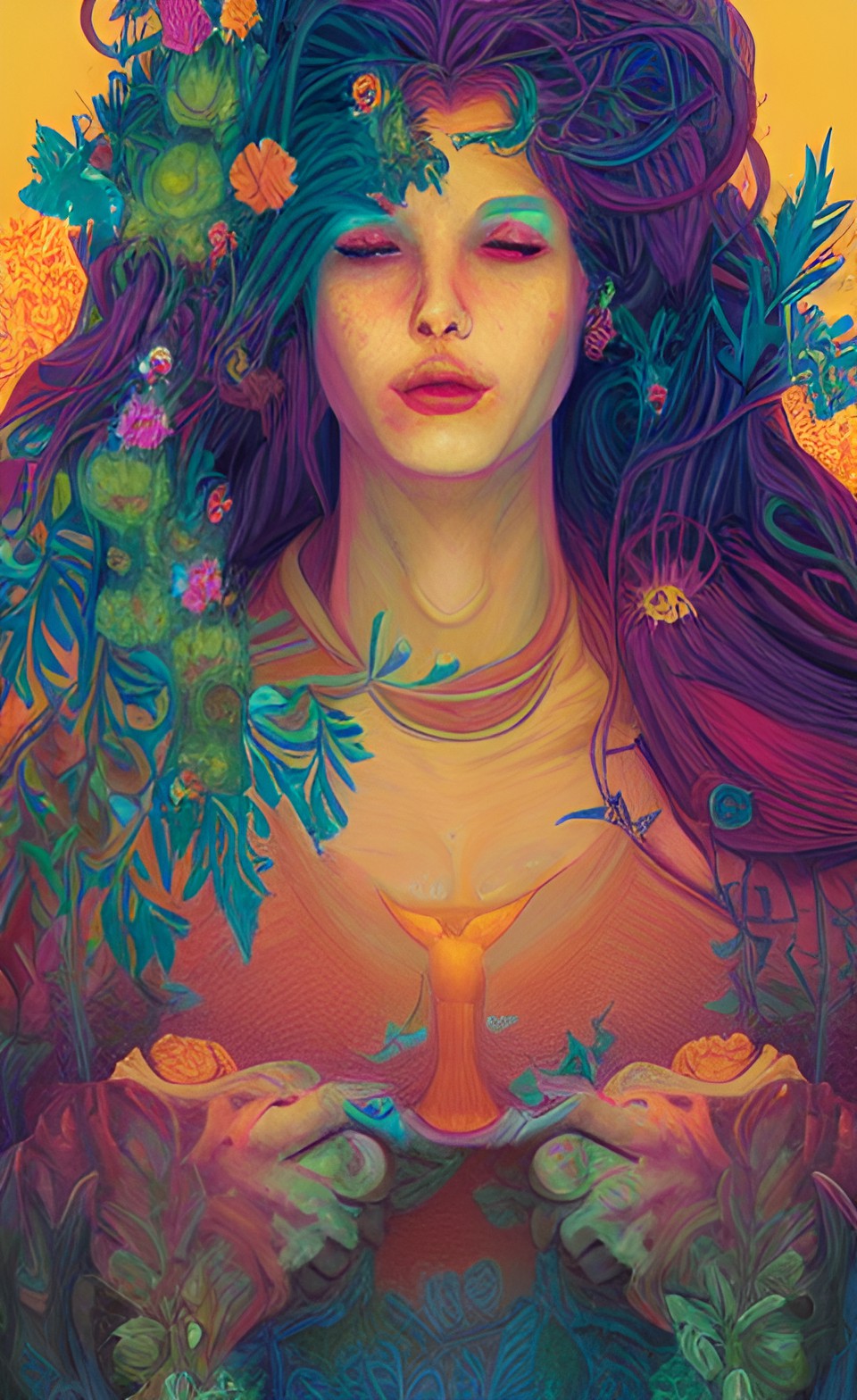 persephone, portrait, colorful, divine, powerful, flora and fauna, golden hour preview