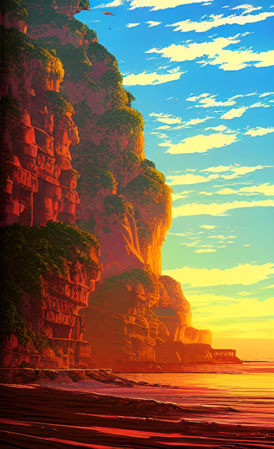 beach cliff side,anime style landscape,sunset, preview