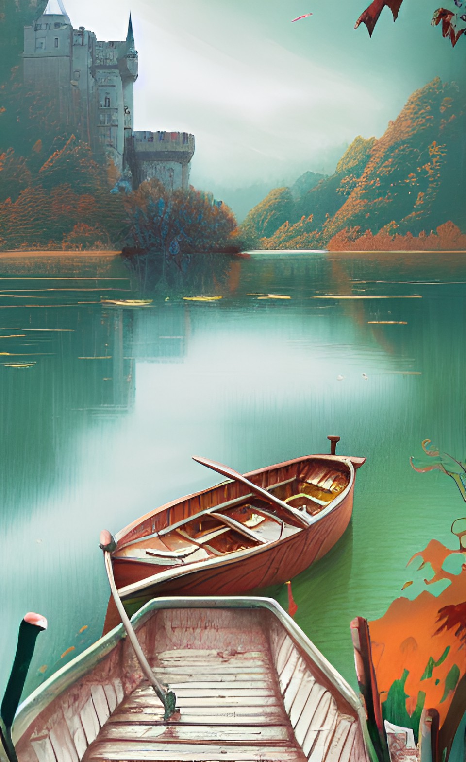 boat at a lakeside with a castle in the distance￼, preview