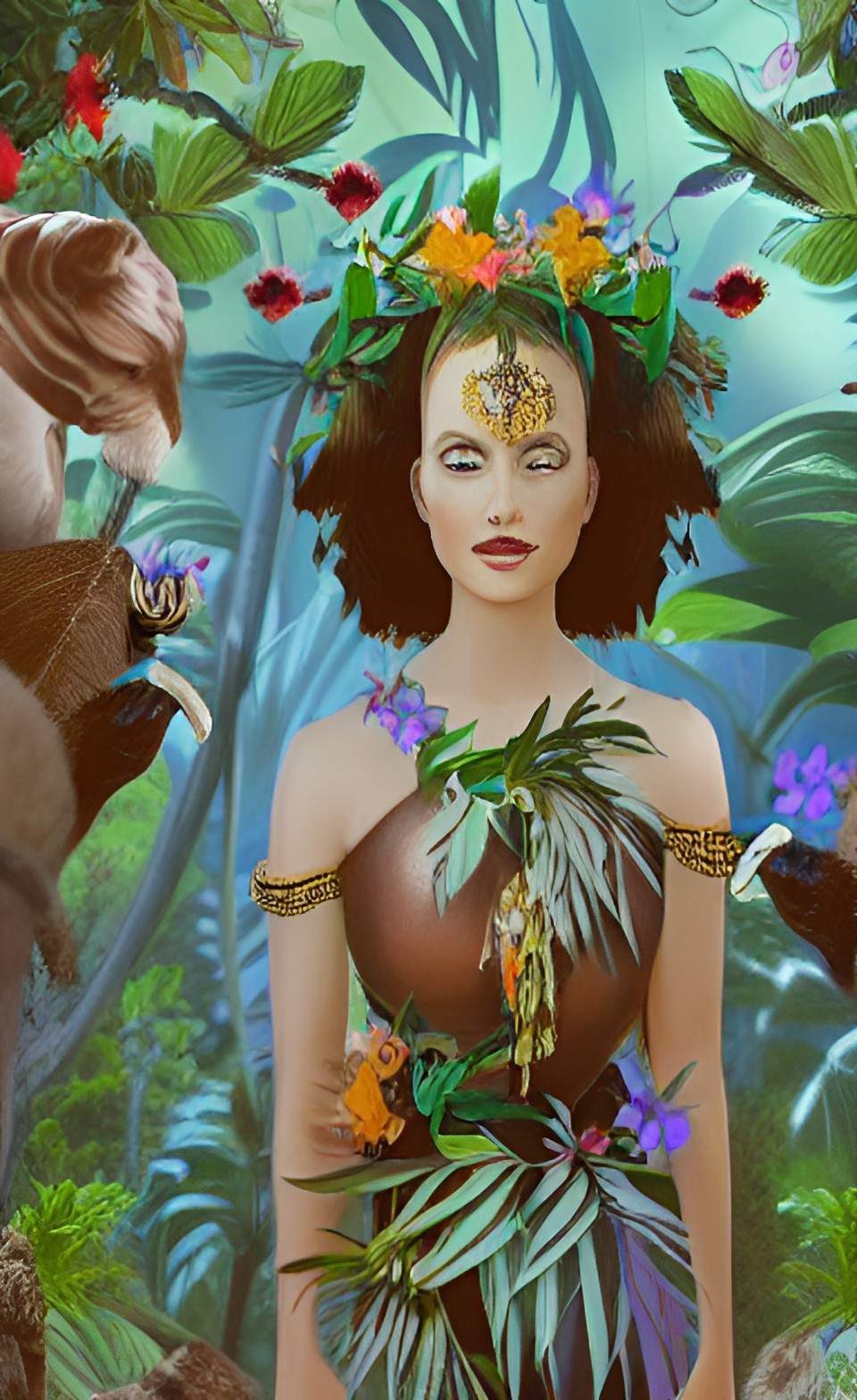 glorious goddess in the jungle wearing jewelry, flowers, animals, cinematic lighting 
, angelic, good, divine, ineffable preview