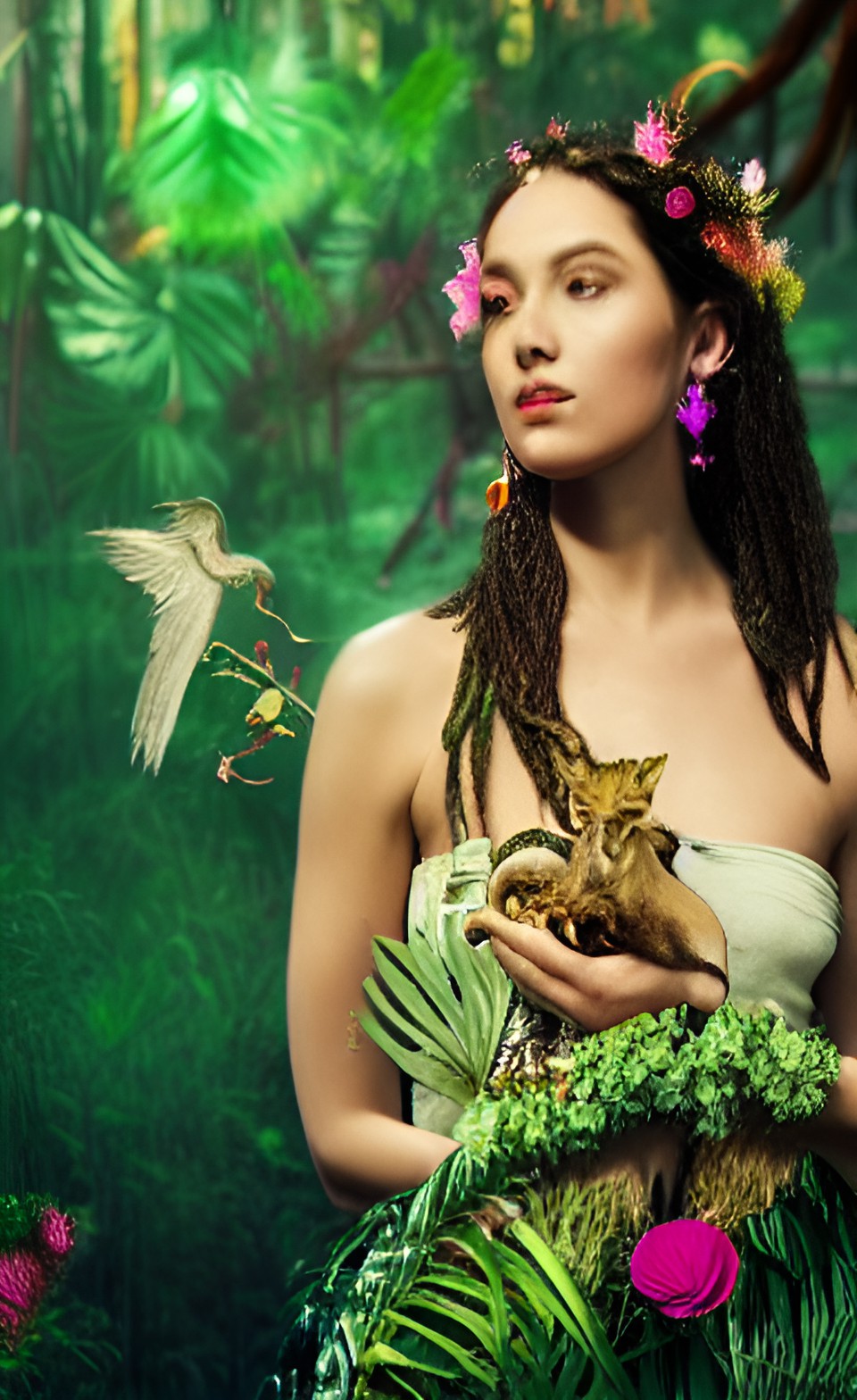 glorious goddess in the jungle wearing jewelry, flowers, animals, cinematic lighting 
, angelic, good, divine, ineffable preview