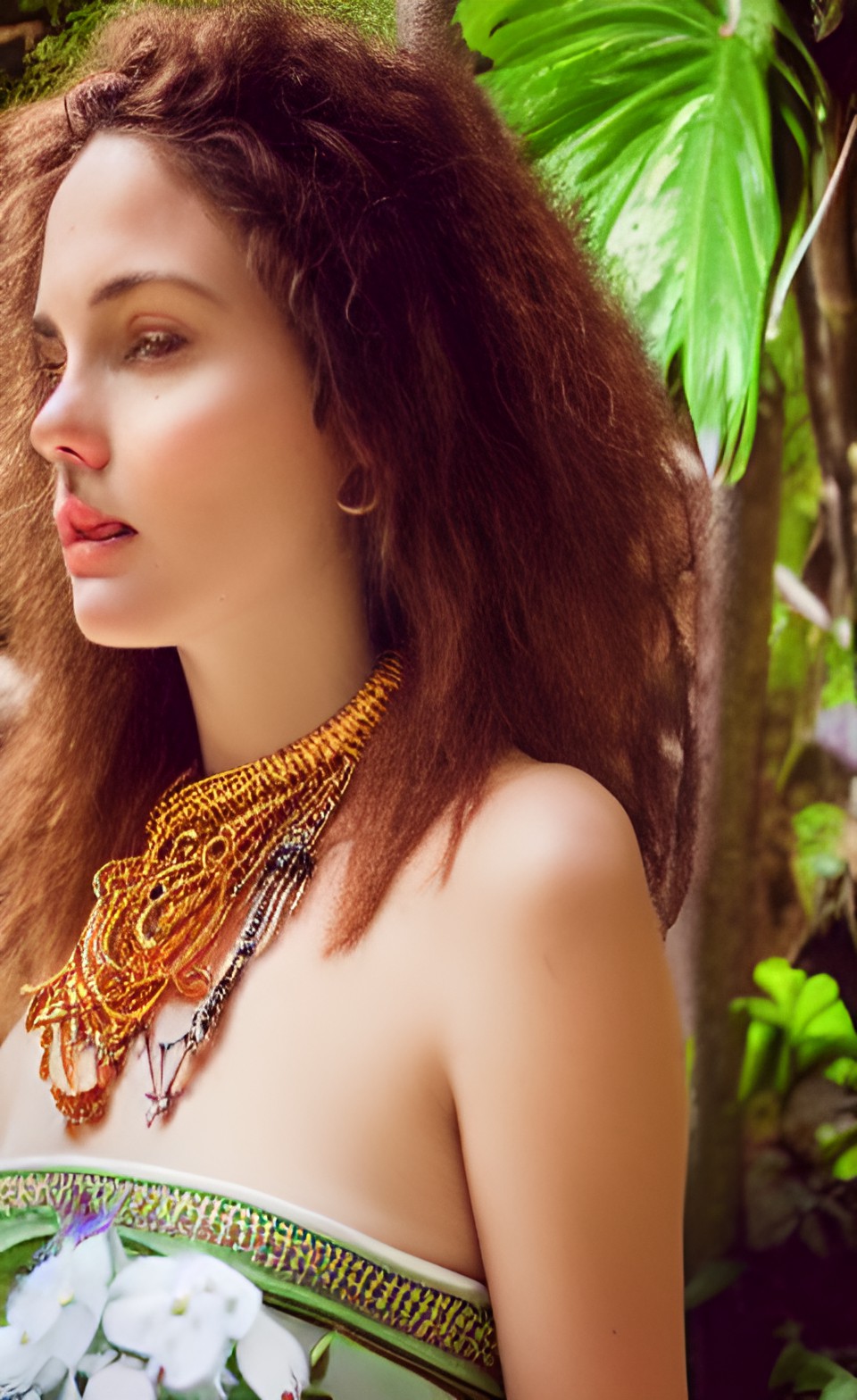 glorious goddess in the jungle wearing jewelry, flowers, animals, cinematic lighting
, angelic, good, divine, ineffable preview