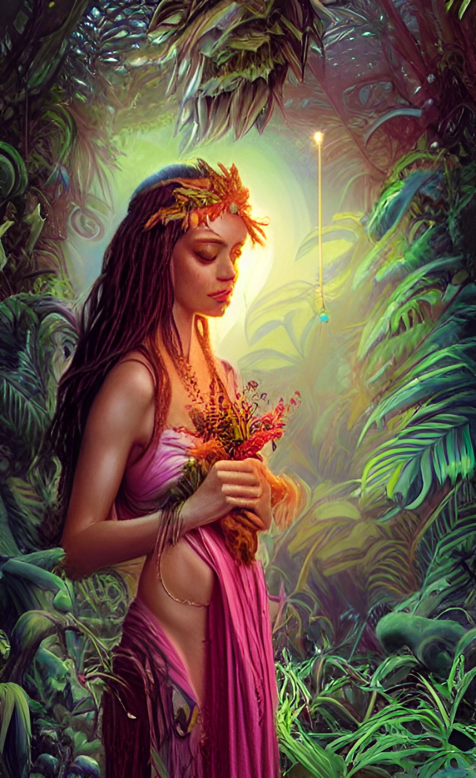 glorious goddess in the jungle wearing jewelry, flowers, animals, cinematic lighting
, angelic, good, divine, ineffable preview