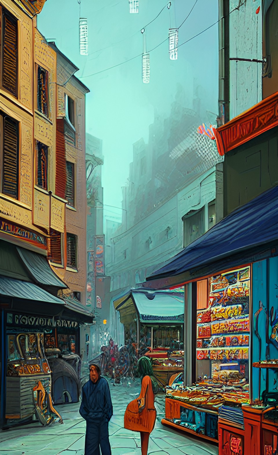 a street scene with shops and people preview