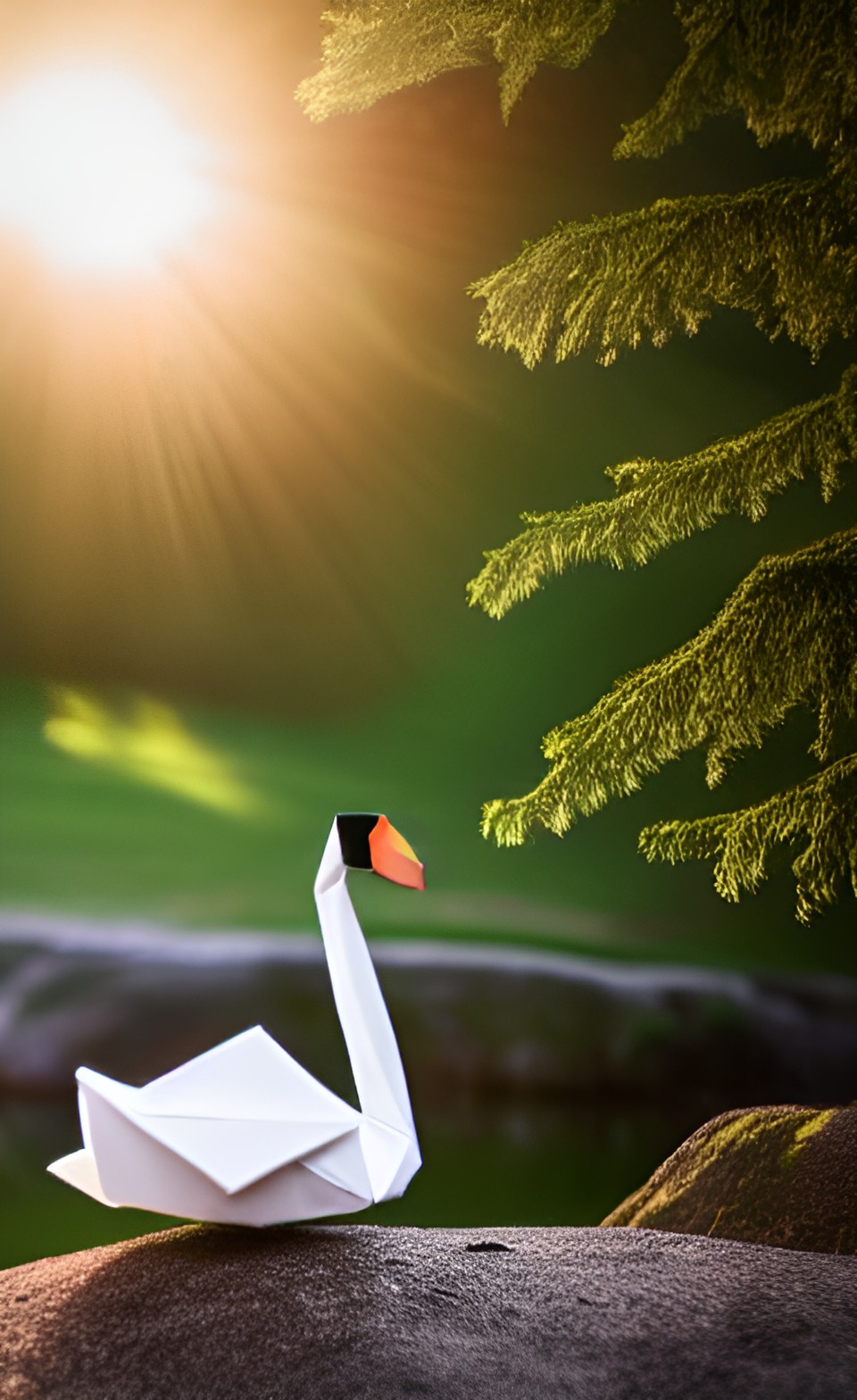 origami swan in an heavenly pebble creek, surrounded by green pastures while the sun rises | cinematic lighting preview