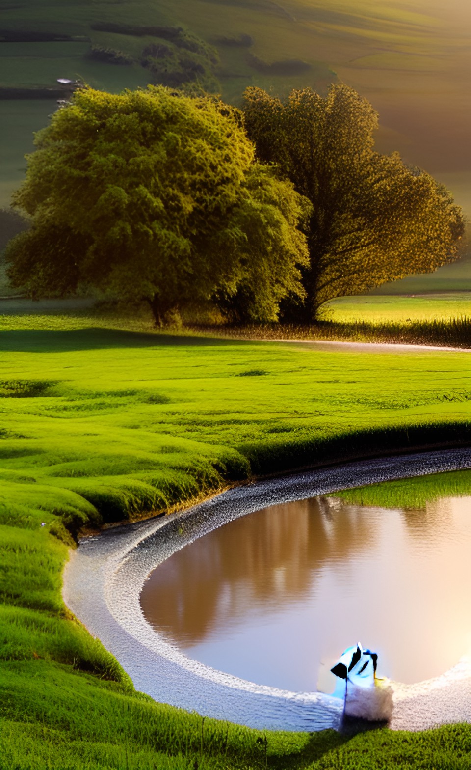 a swan made of yarn in a heavenly pebble river surrounded by green pastures at sunrise | cinematic light preview