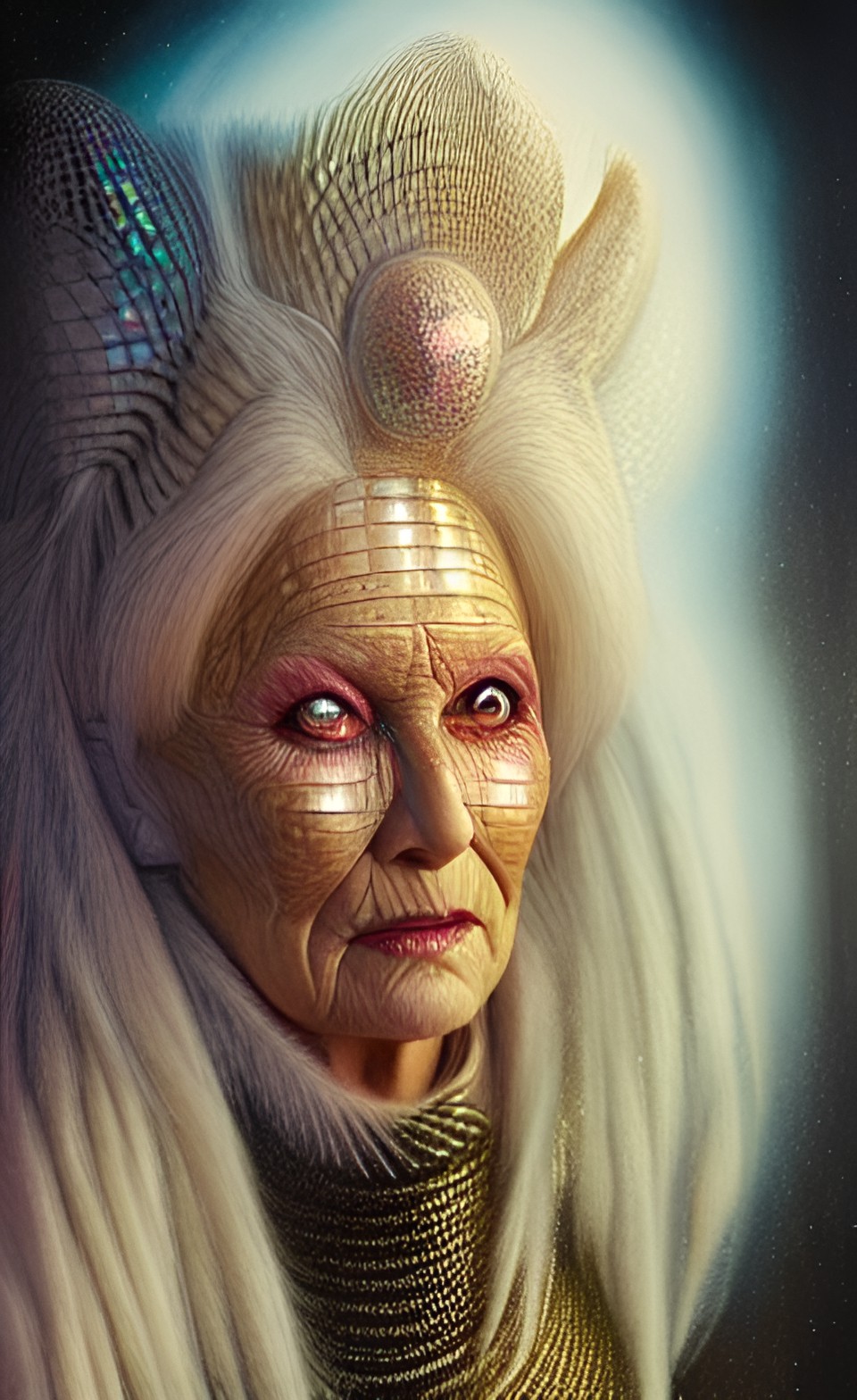 hyper-realistic, elderly nordic alien queen full body portrait, iridescent skin spots accent lighting, karol bak preview