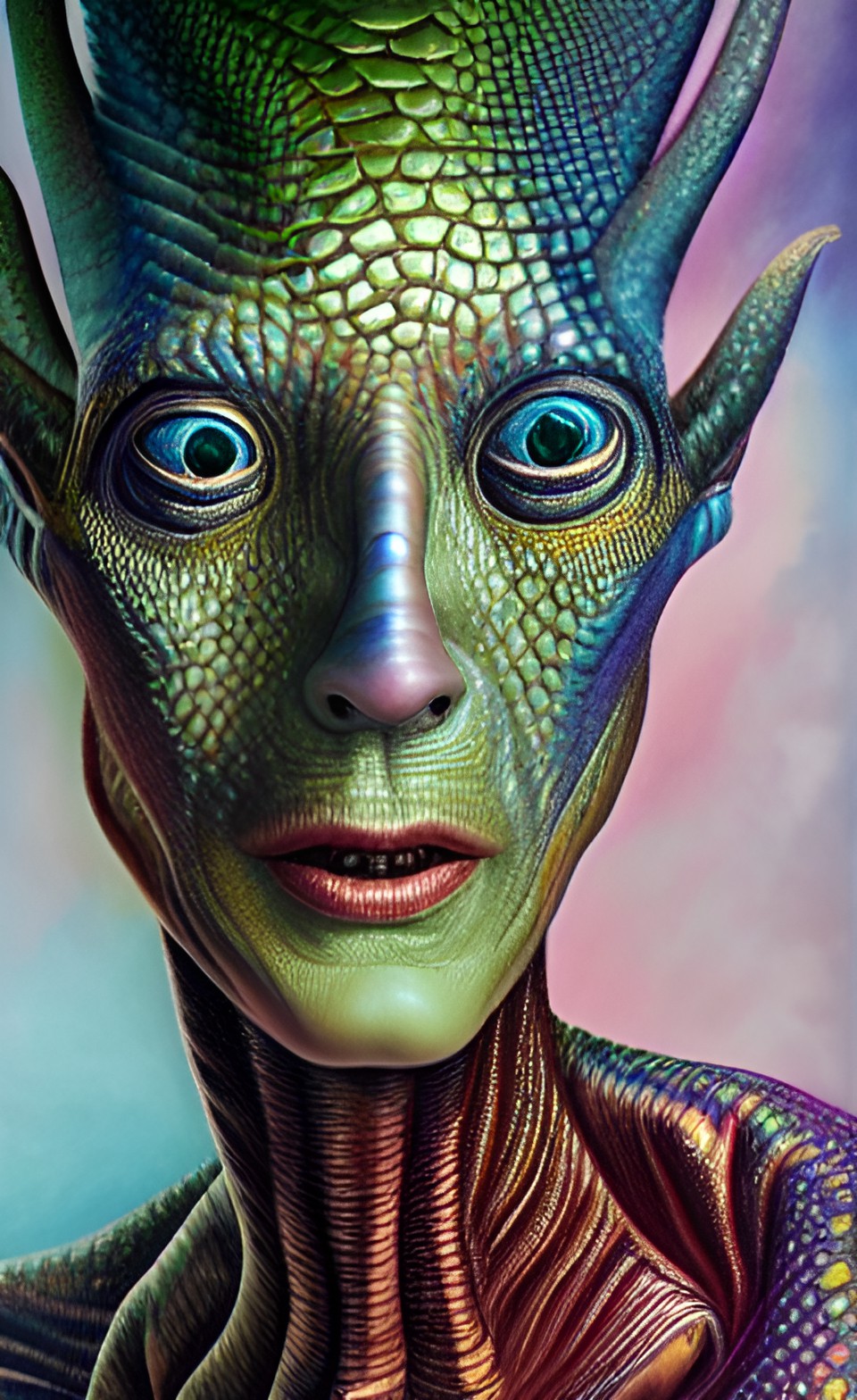 hyper-realistic, old reptilian alien full body portrait, iridescent skin spots accent lighting, karol bak preview