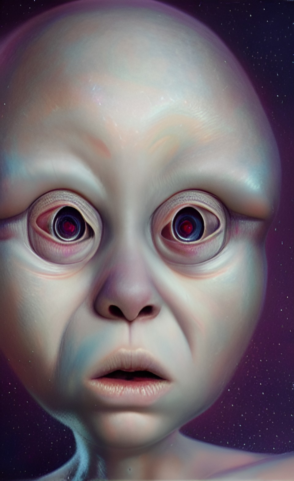 hyper-realistic, baby albino alien portrait, iridescent black eyes, no nose, small mouth, accent lighting, karol bak preview