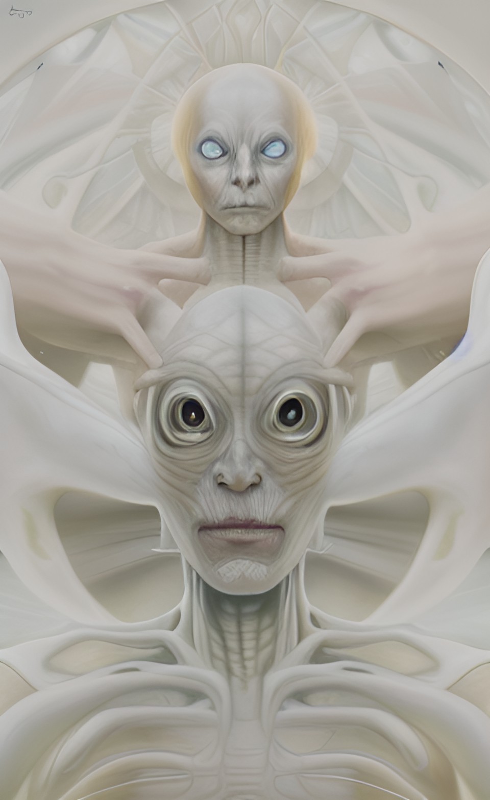 hyper-realistic, albino alien prince portrait, huge iridescent black eyes,accent lighting, giger, karol bak preview