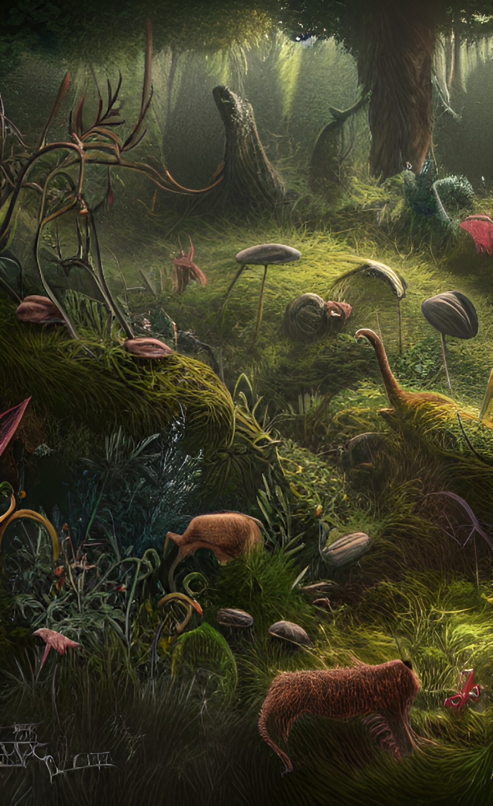 overgrown chaotic wild natural landscape with lots of hidden sneaky little creatures preview