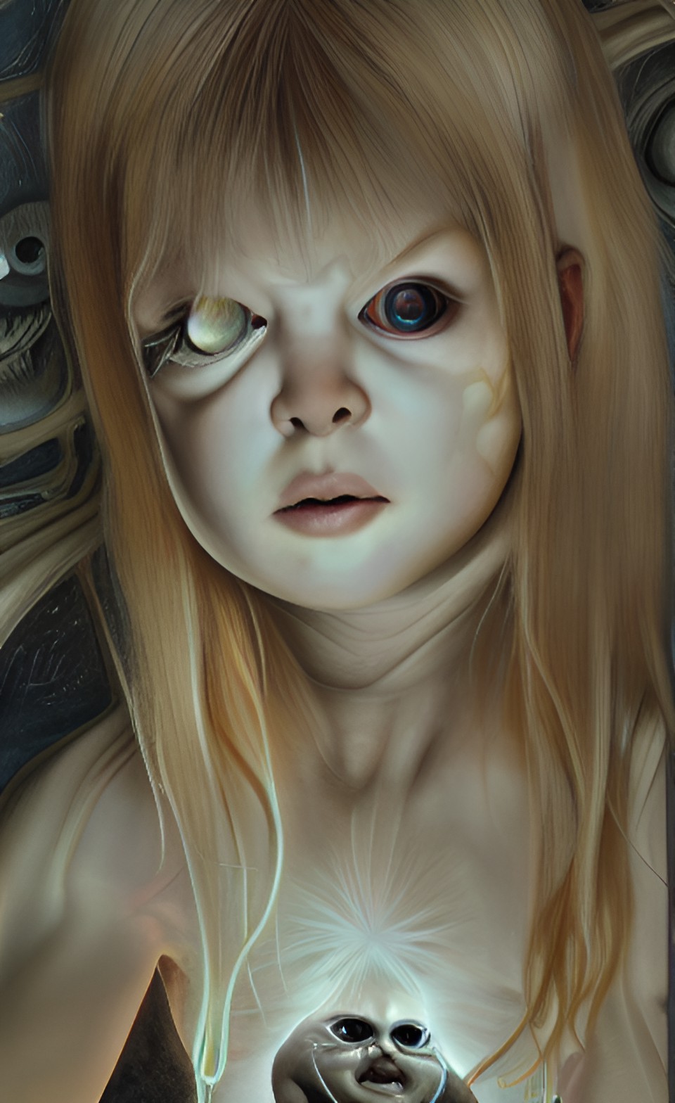 hyper-realistic, albino large-eyed alien toddler twins portrait,backlight accent lighting, tone mapping, giger karol bak preview