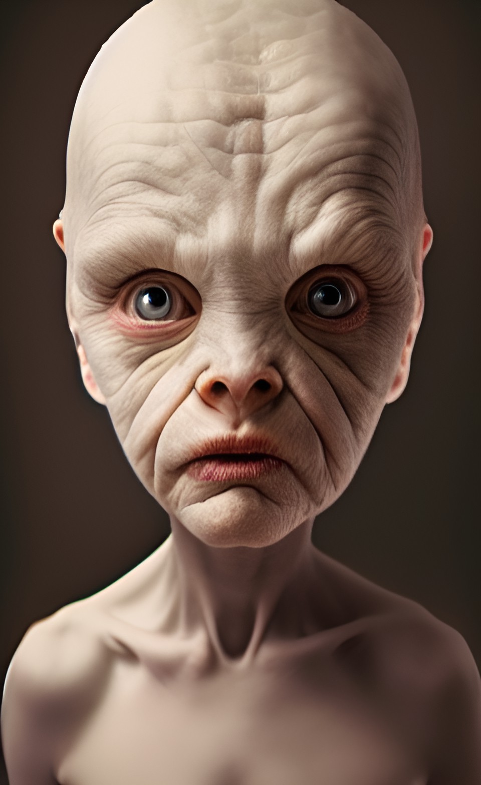 hyper-realistic, albino large-eyed “gray alien” toddler, pale man,backlight,accent lighting,oktachrome, karol bak preview