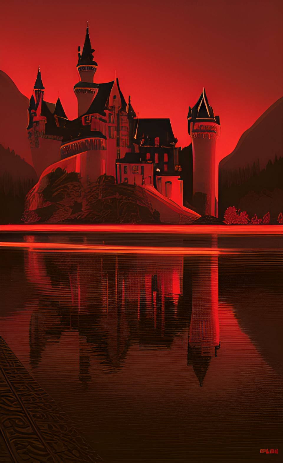 red and black: silhouette of castle neuschwanstein at night, indian summer, smooth, warm, deep contrast uhd preview