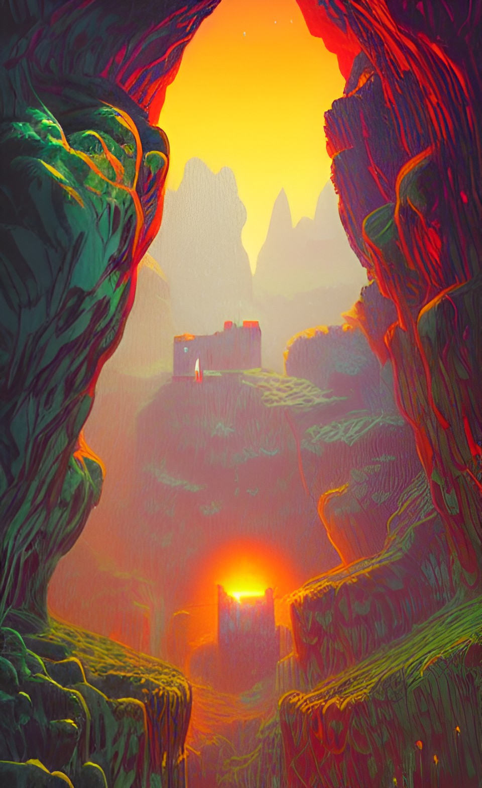 glowing cave with a village preview