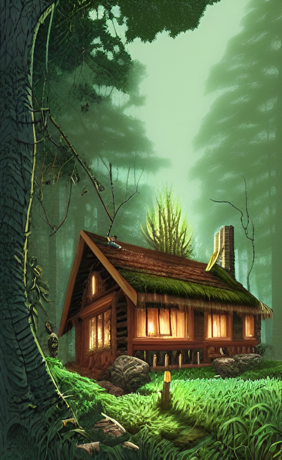 super detailed cottage in a lush green forest clearing preview