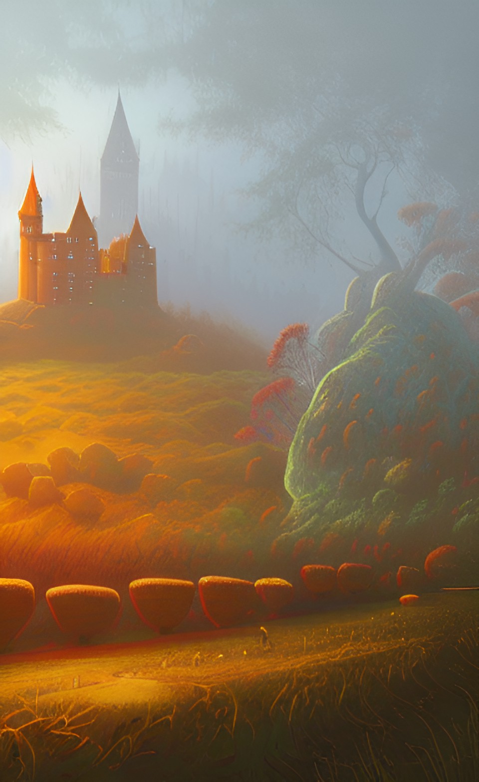 foggy mushroom landscape with a castle in the background preview