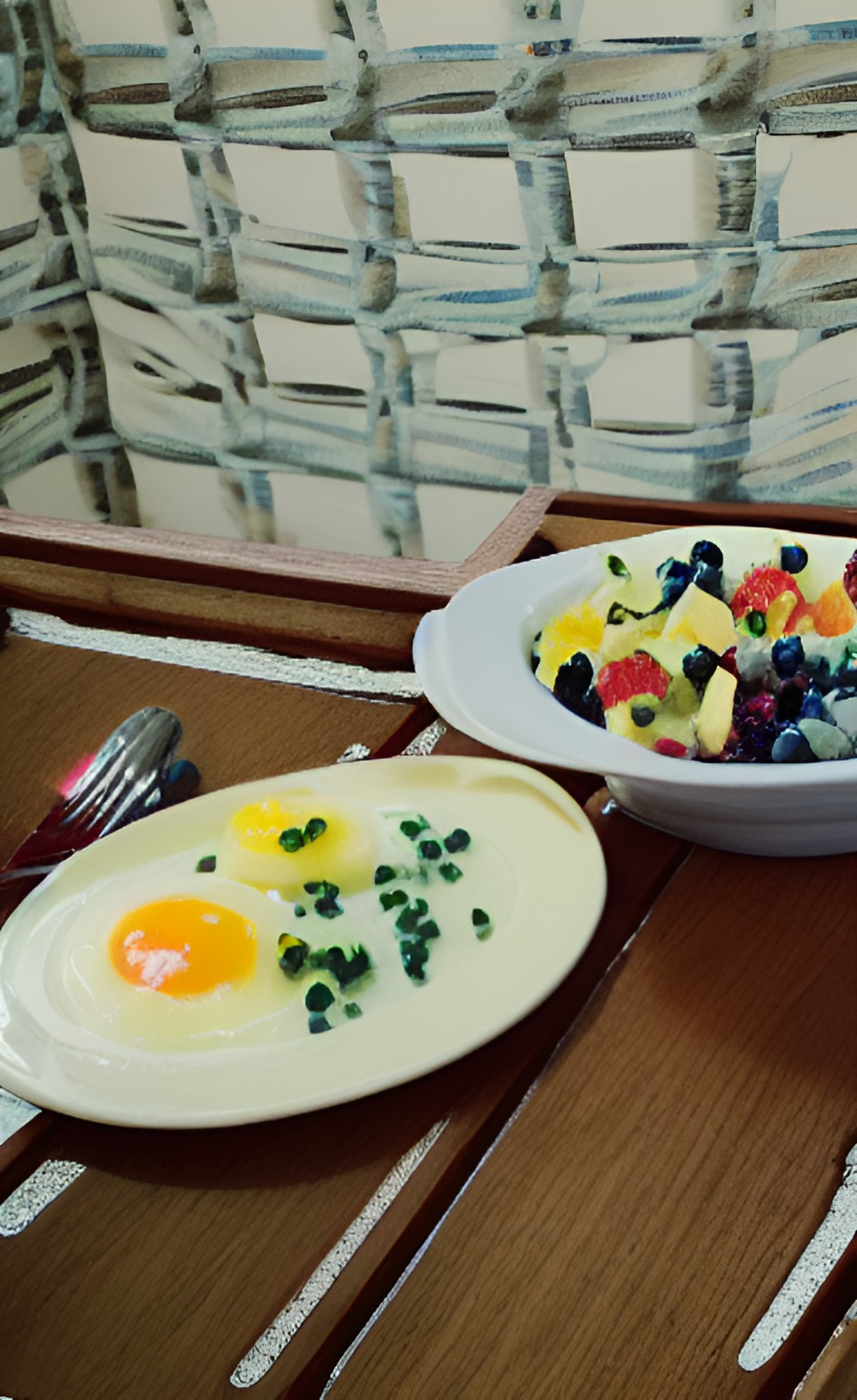 eggs, fruit salad, and tea for breakfast preview