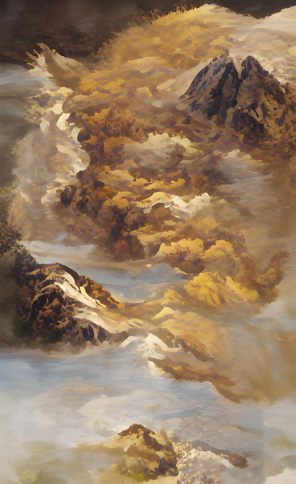 mountains with a golden river flowing down the mountains with clouds at the top of the mountains preview