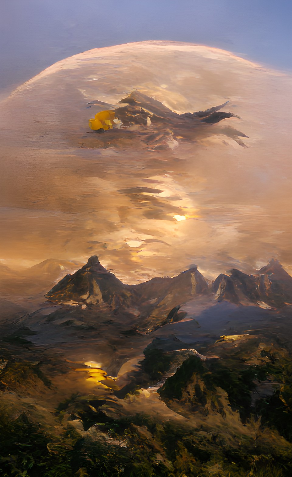 a moon made of golden clouds and mountains in the background with a pirate flying at the bottom preview