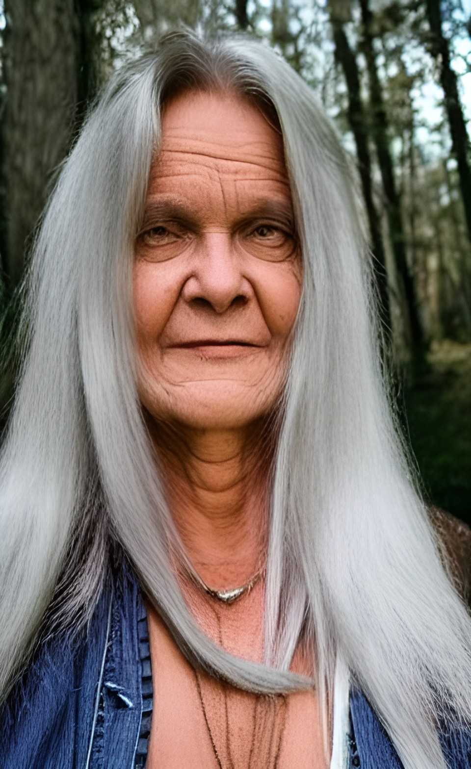 woman with very long silver hair, by a cabin in the woods preview