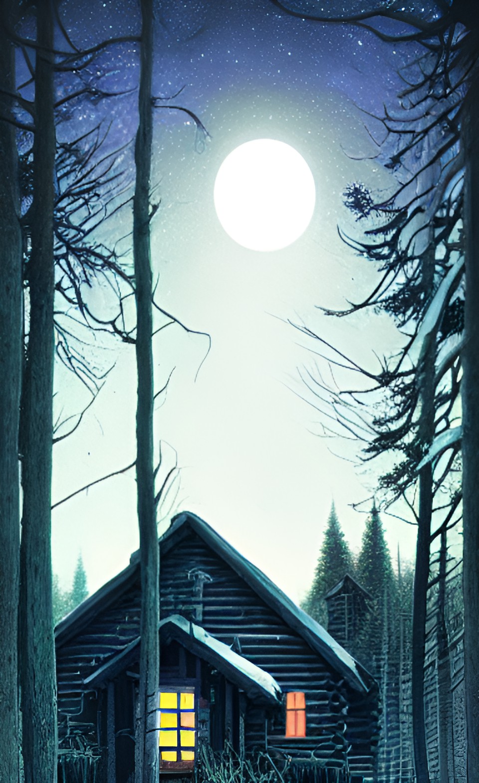 cabin in the woods,woman with long silver hair, full moon preview