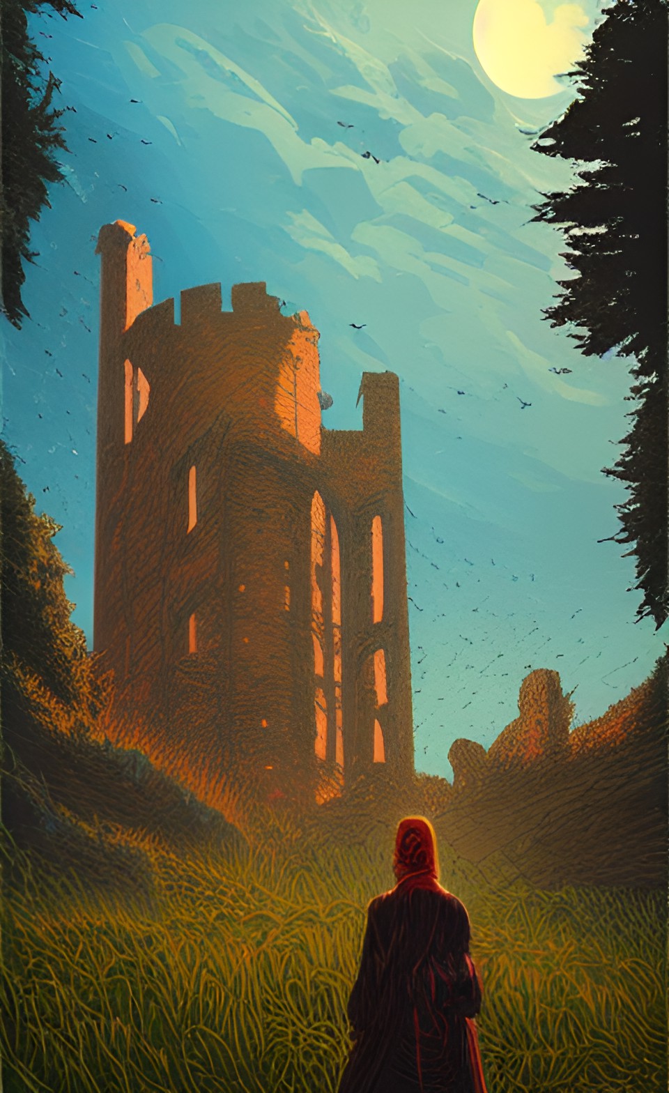 traveler in a field of castle ruins preview