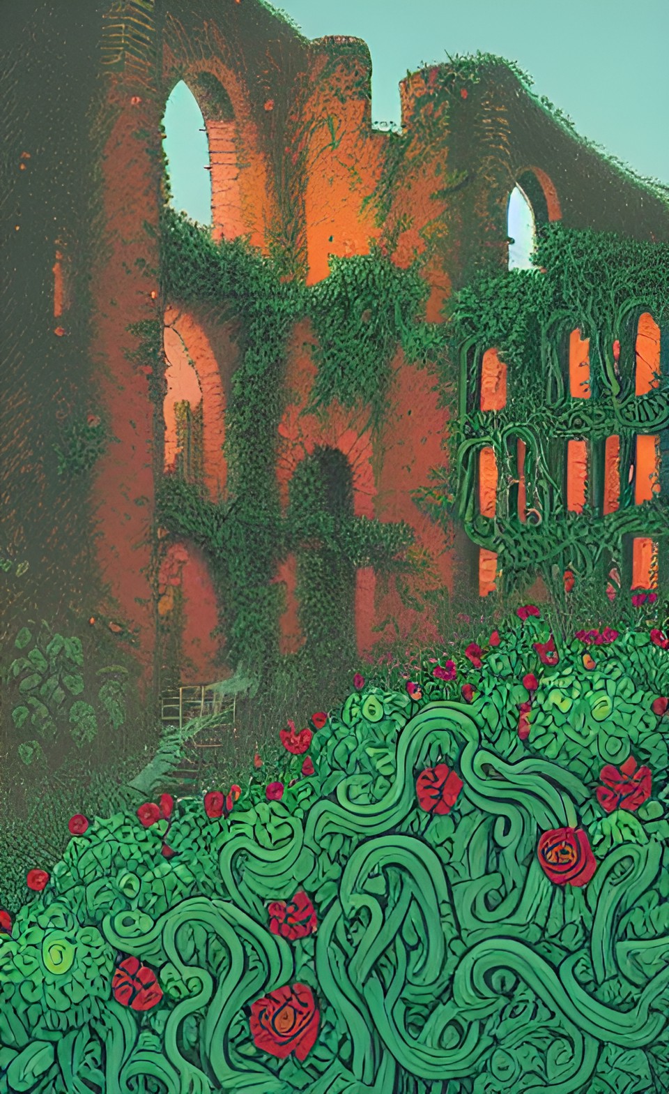 ruined castle overgrown with flowering vines preview