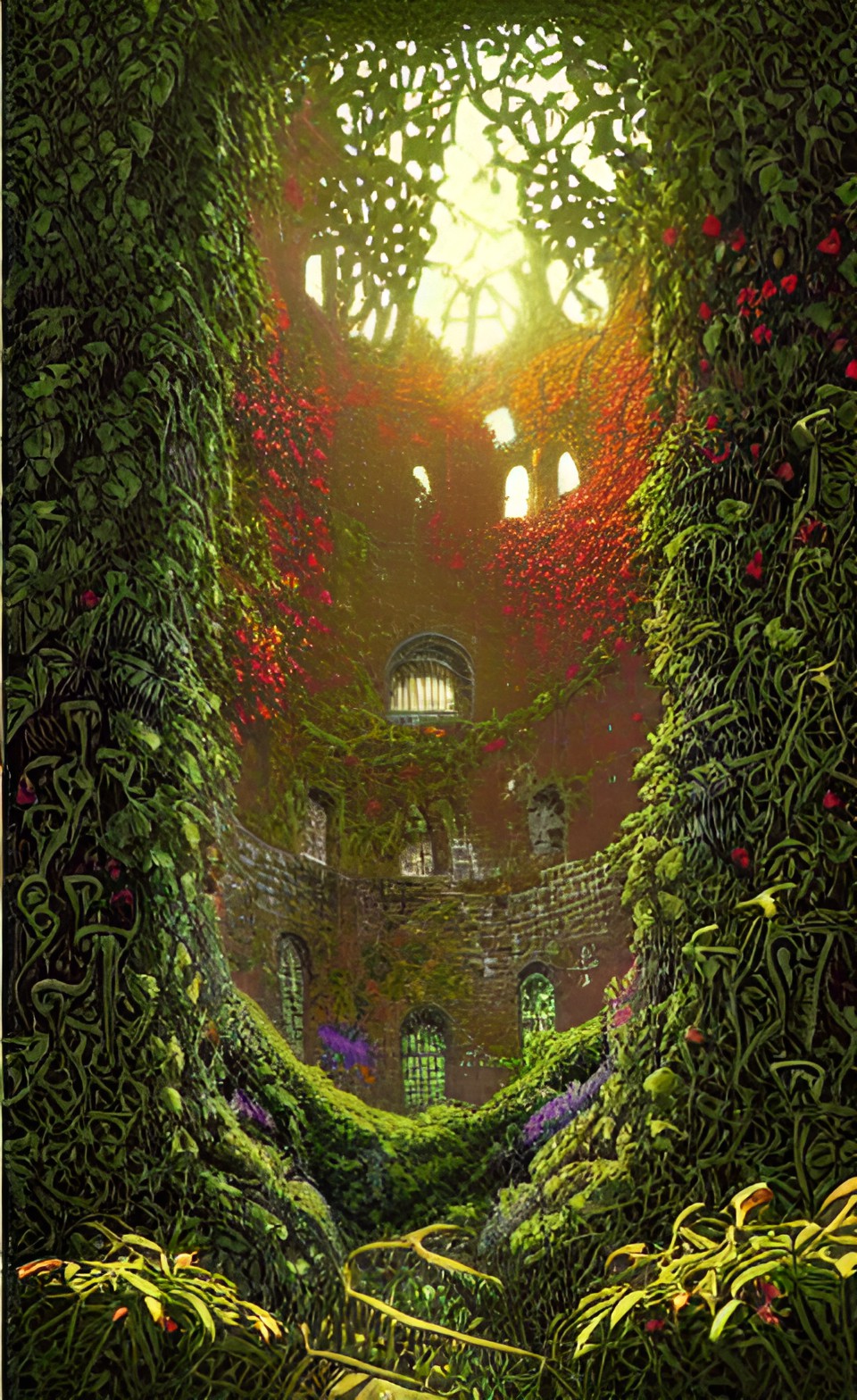 ruined castle overgrown with flowering vines preview