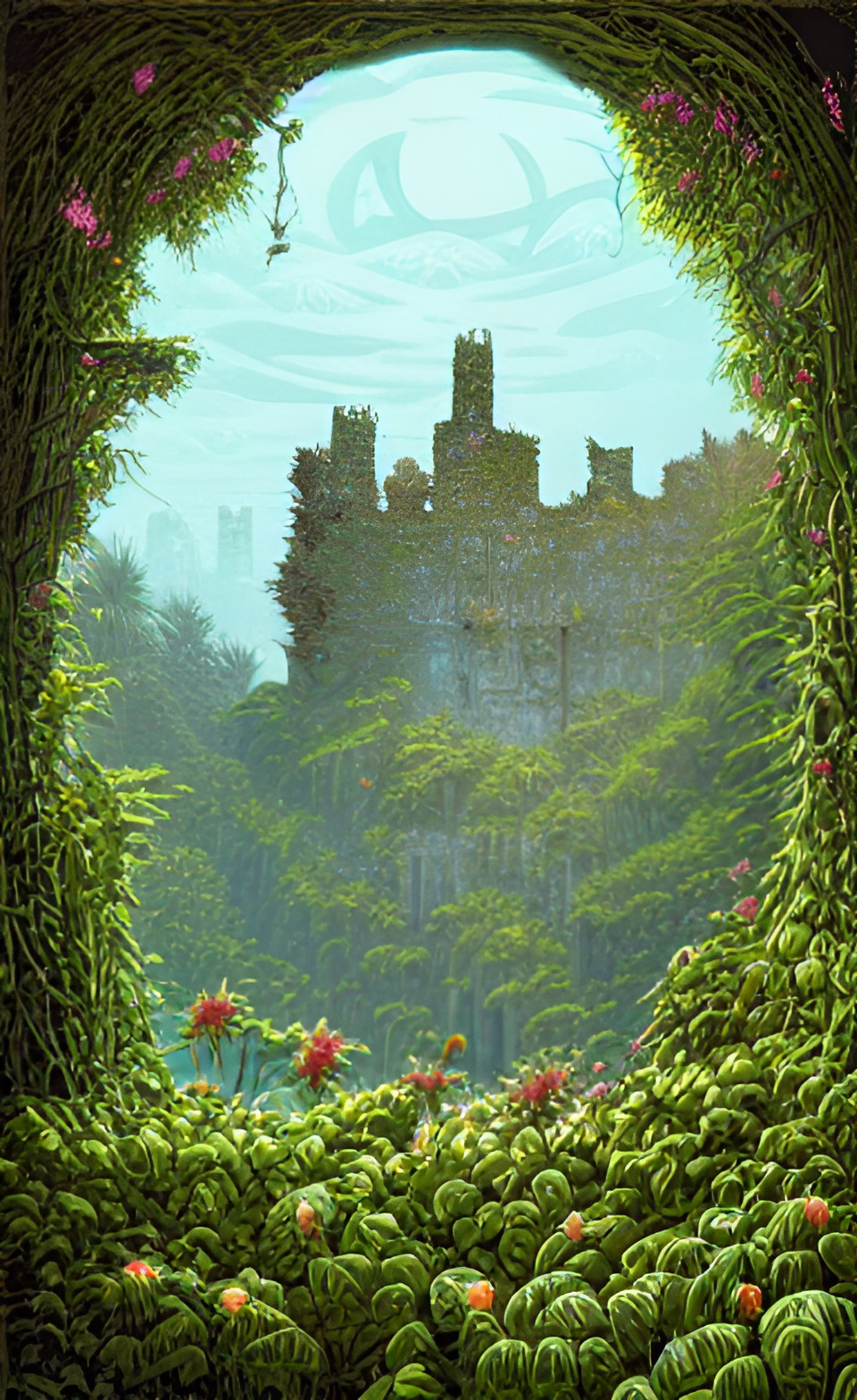 ruined castle overgrown with flowering vines preview