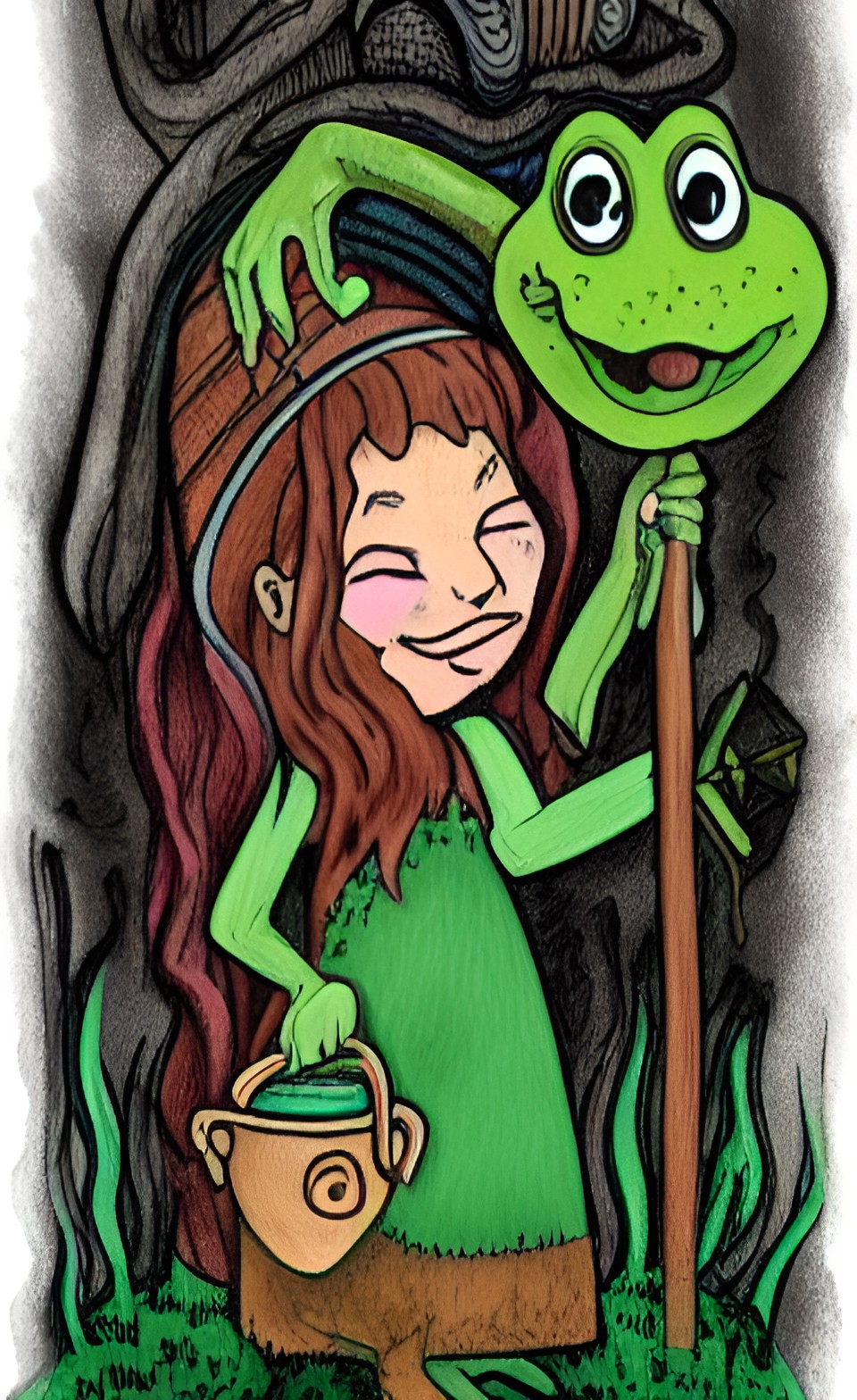 swamp witch with cauldron and pet toad preview