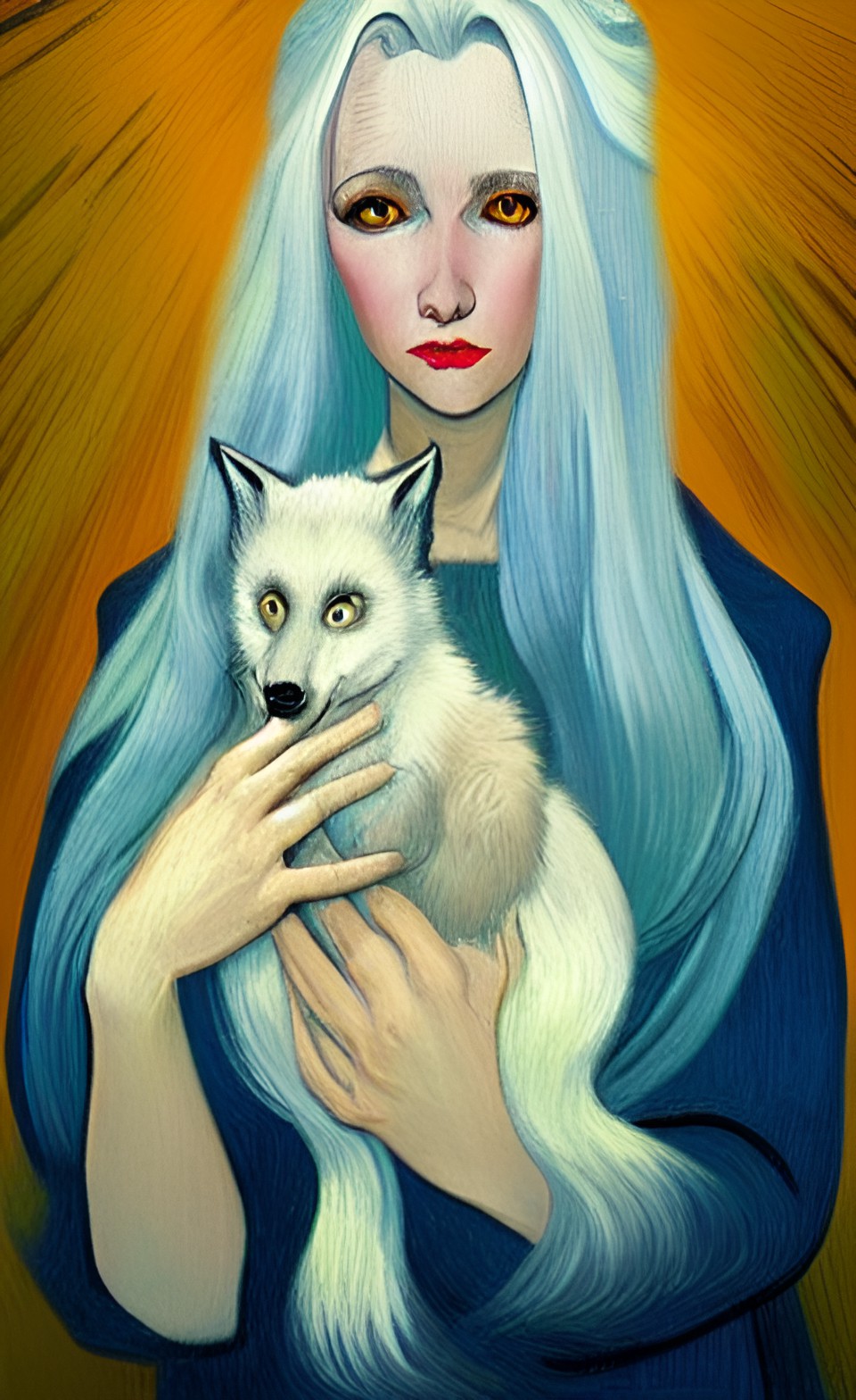 woman with long silver hair holding a silver fox preview