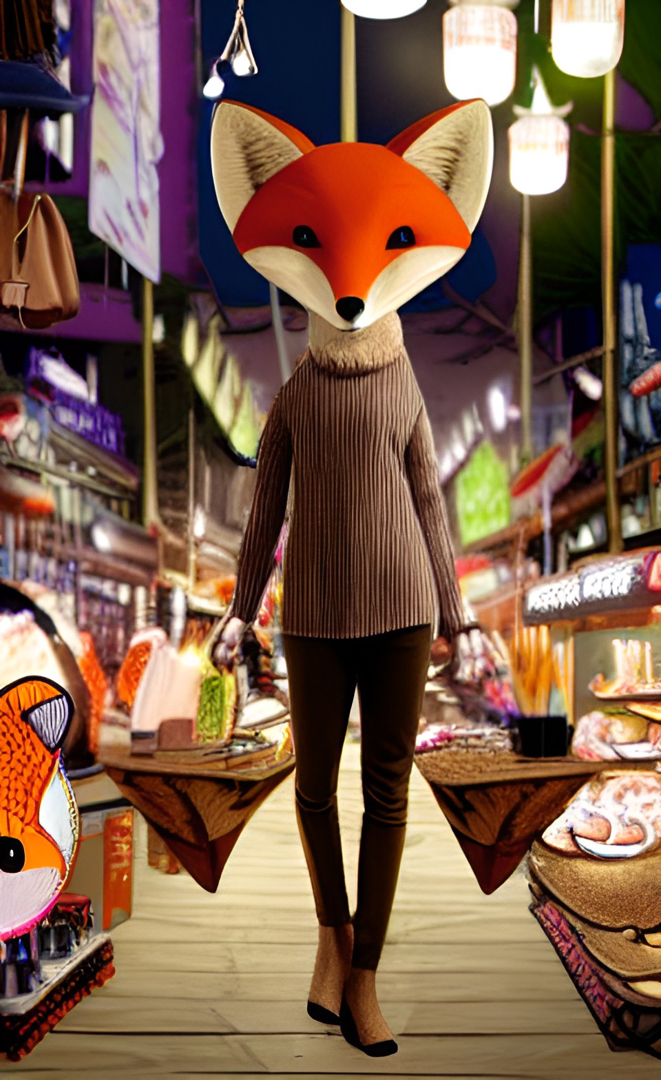 anthropomorphic fox shopping at the night market preview