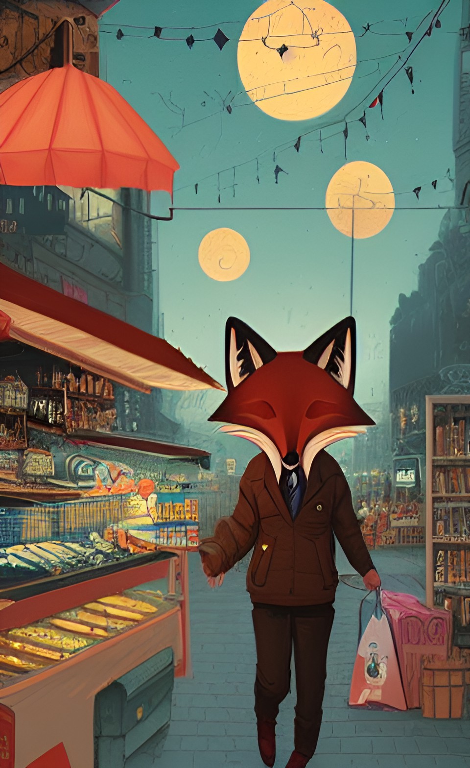 anthropomorphic fox shopping at the night market preview